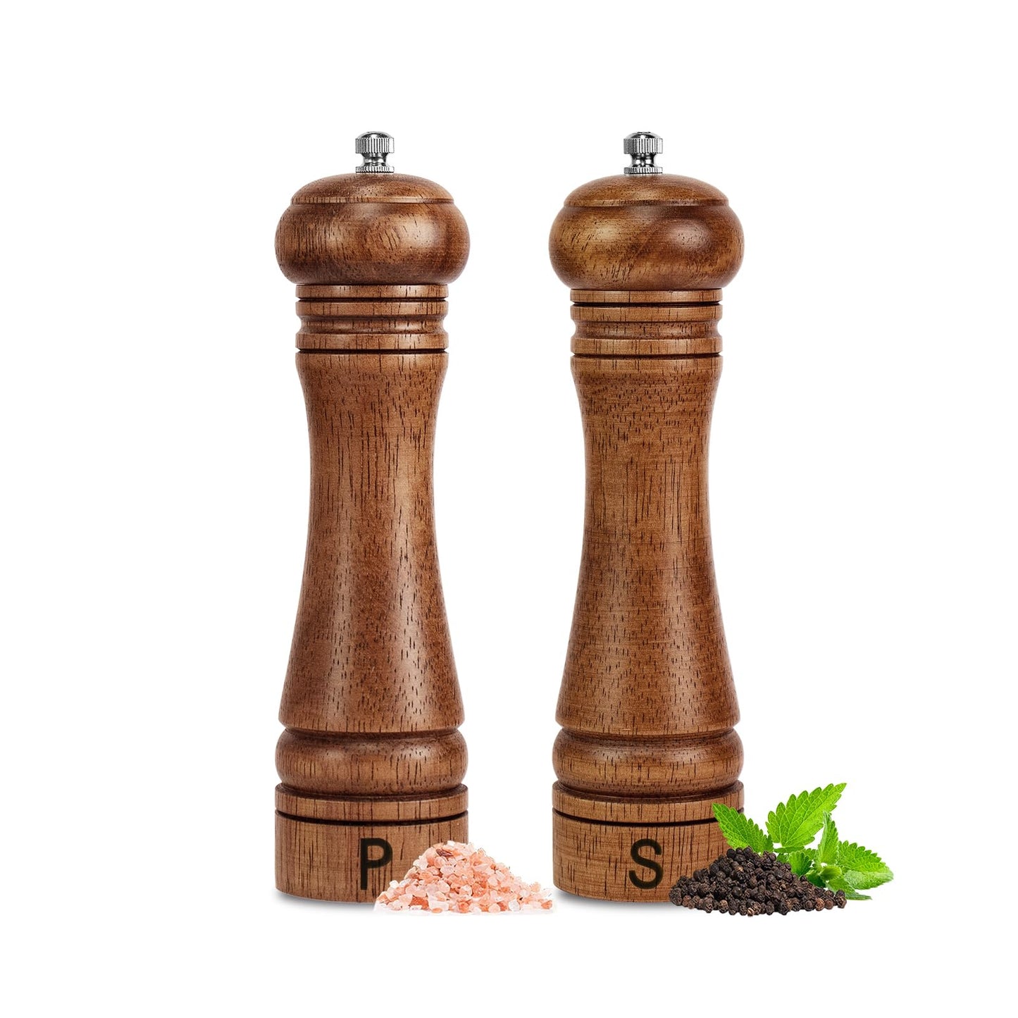 Haomacro Wooden Salt and Pepper Grinder Set Refillable Salt & Pepper Mills Adjust for Coarseness, Crafted of Solid Oak Wood with Ceramic Stainless Steel Core, 8 Inches - 2 Packs
