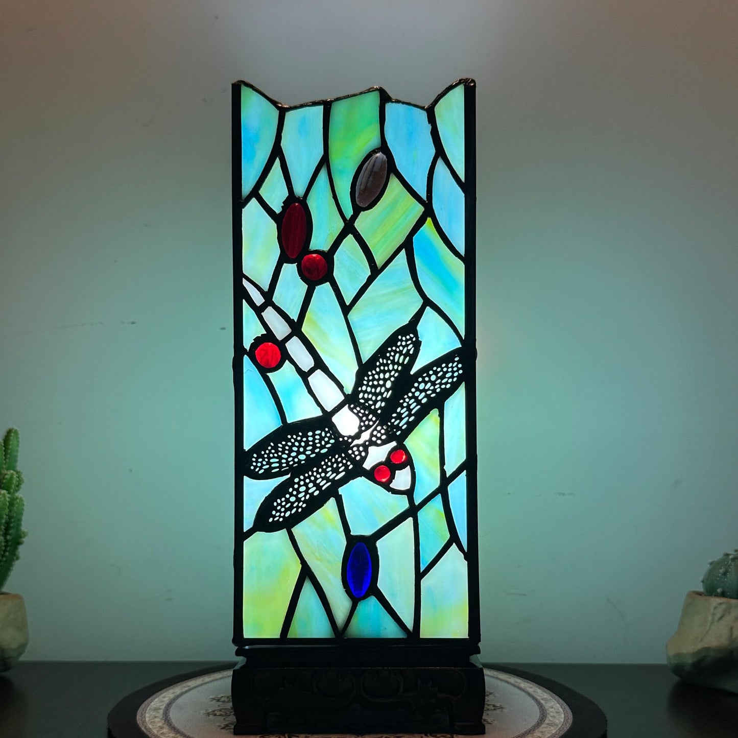 ZYLINX Small Tiffany Lamp Sea Blue Dragonfly Style Stained Glass Table lamp