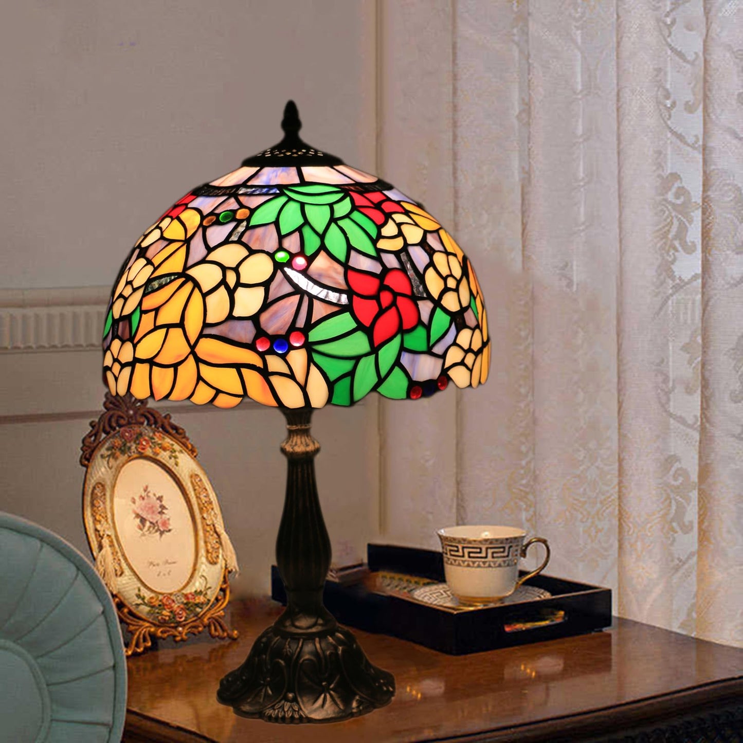tuomoxte Tiffany Table Lamp for Living Room,Camellia Flower Stained Glass Lamp Shades for Bedside Nightstand Table LampsW/LED Bulb,12X12X19 Inch Tall Home Office Reading Dining Room Desk Lamps