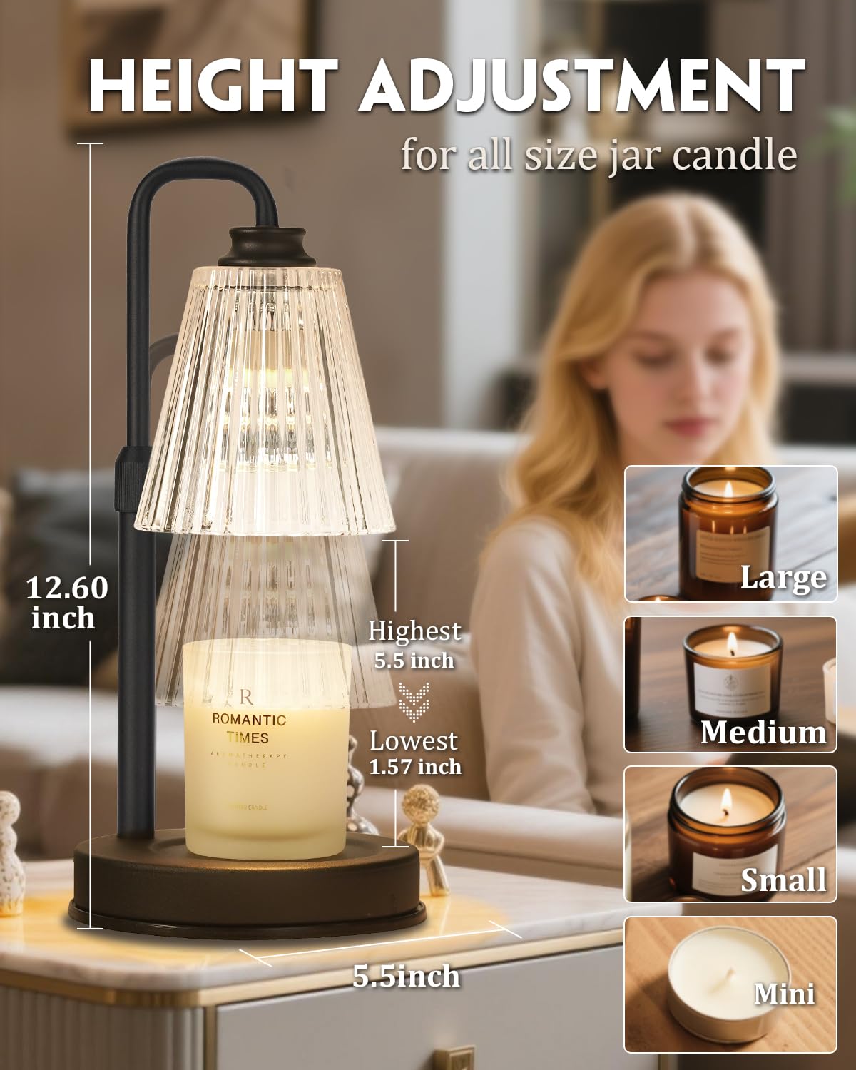 Candle Warmer Lamp With Timer Dimmable Crystal Vertical Stripe, Birthday Gifts for Women Mom, Adjustable Candle Warmer with 2 Bulbs, Christmas Black Candle Lamp for Jar Scented Candles, Home Decor