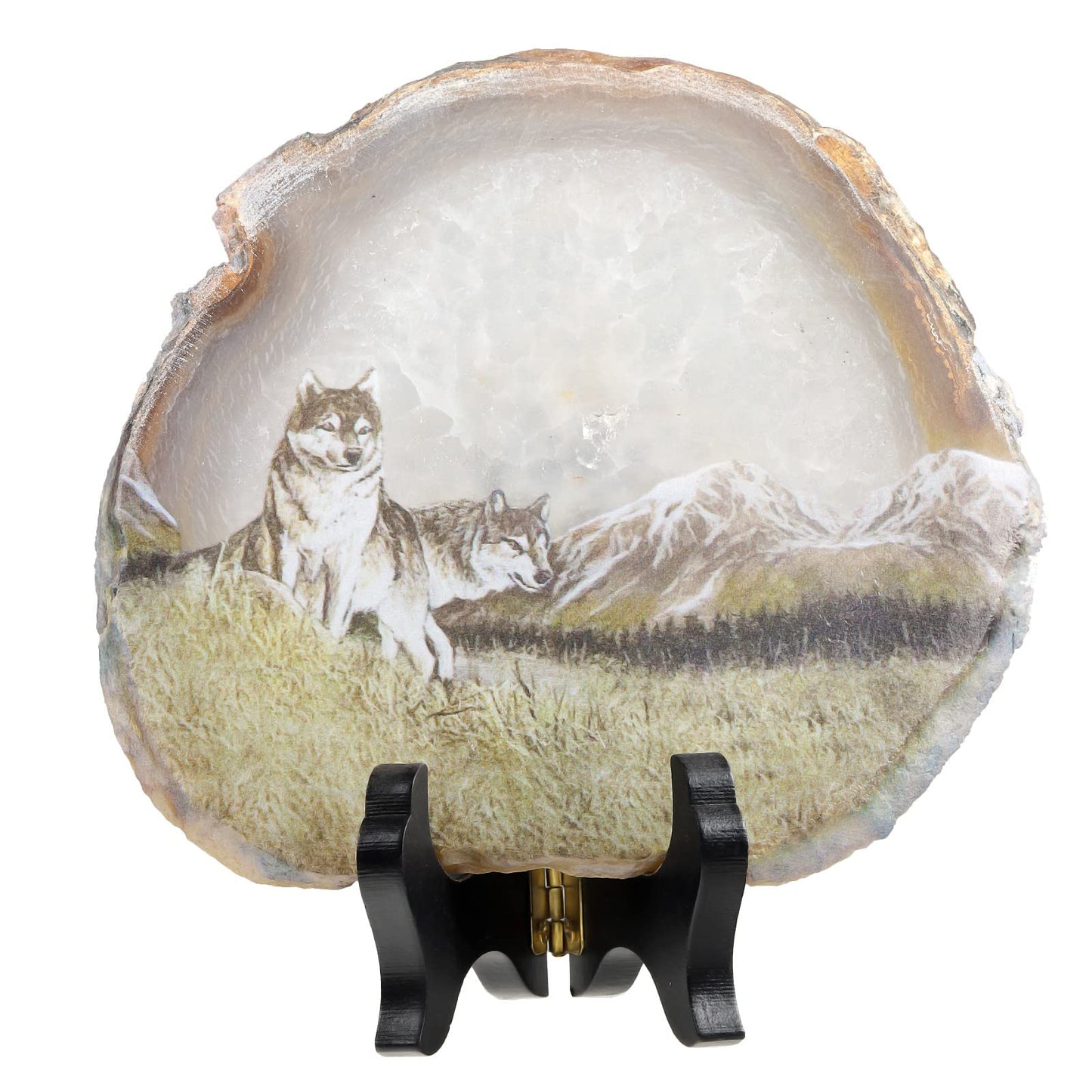 SUNYIK Natural Geode Agate Slice Display with Wooden Stand, Irregular Agate Slab Tabletop Desktop for Office Home Decor, Wolf