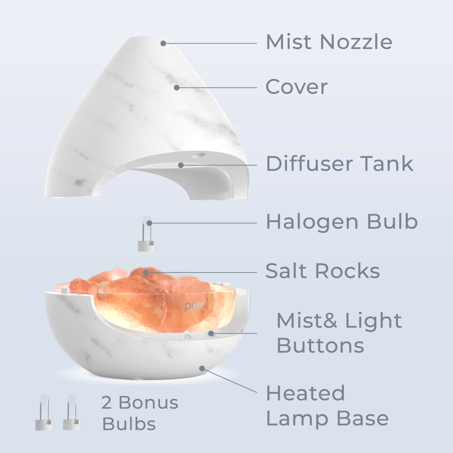 Pure Enrichment® PureGlow™ Crystal - 2-in-1 Himalayan Salt Lamp & Ultrasonic Essential Oil Diffuser, Original Salt Therapy Lamp, 100% Pure Himalayan Salt, Ambient Glow, 160 mL 16-Hour Tank (Marble)