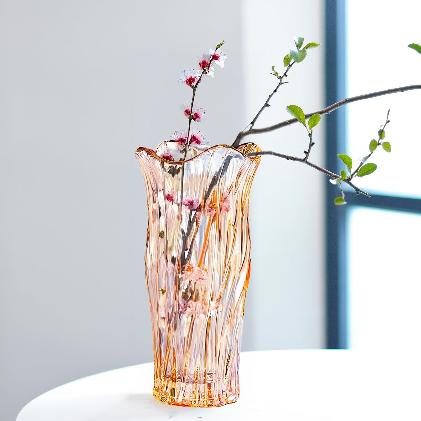 Glass Vase for Flowers, Gold Amber Clear Glass Vases for Centerpieces, Crystal Vase for Home Table Flower Decor 9.1 inches Tall