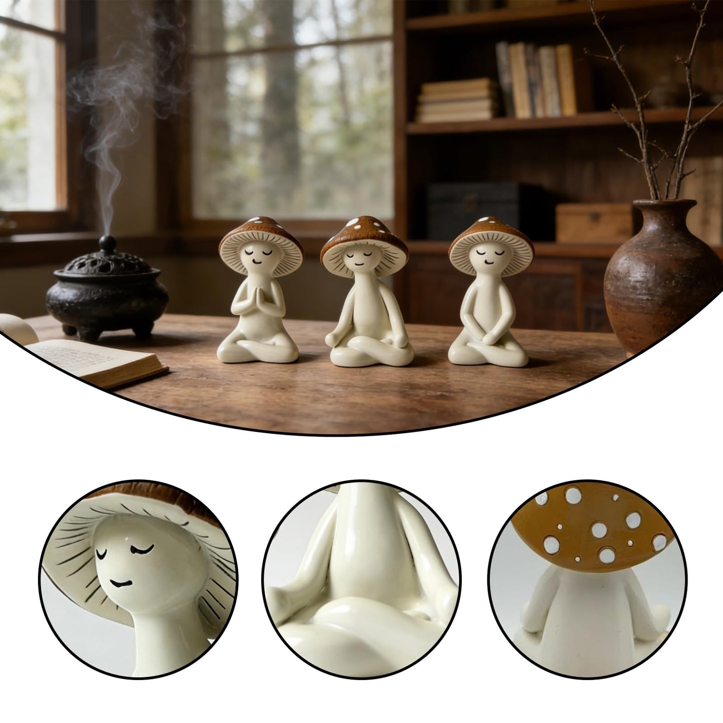 HPZIHYNAP 3 Pcs Ceramic Meditation Mushroom Figurines Set, Cute Yoga Mushroom Decor Statues for Desk, Home Office, Living Room & Garden, Unique Tabletop Ornament for Mushroom Lovers
