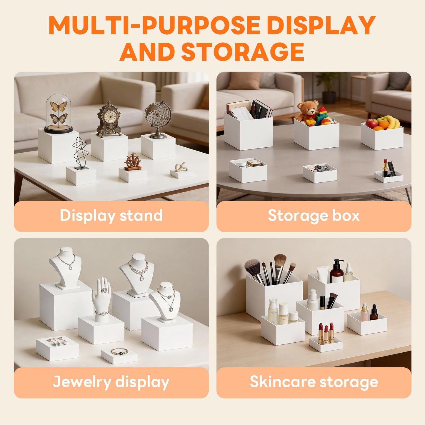 6 Pcs Acrylic Buffet Risers with Markers ＆ Signs, Food Display Stands, Jewelry Dessert Table, Daily Organization, Cube Nesting Boxes Nesting Riser for Party Catering(Sizes 3",4",5",6",7",8" White