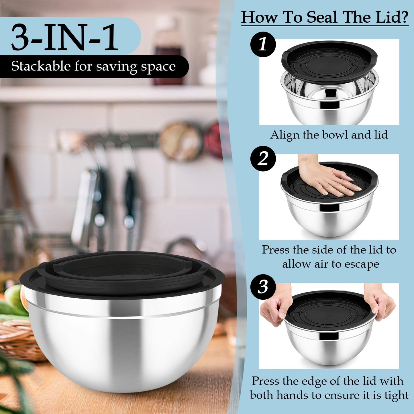 TeamFar Mixing Bowls, Stainless Steel Nesting Salad Bowls with Lids Set of 3 & 3 Grater Attachments, For Mixing/Serving/Storing, Non-toxic & Long-lasting, Size 4.6/3 / 1.5 QT, Black