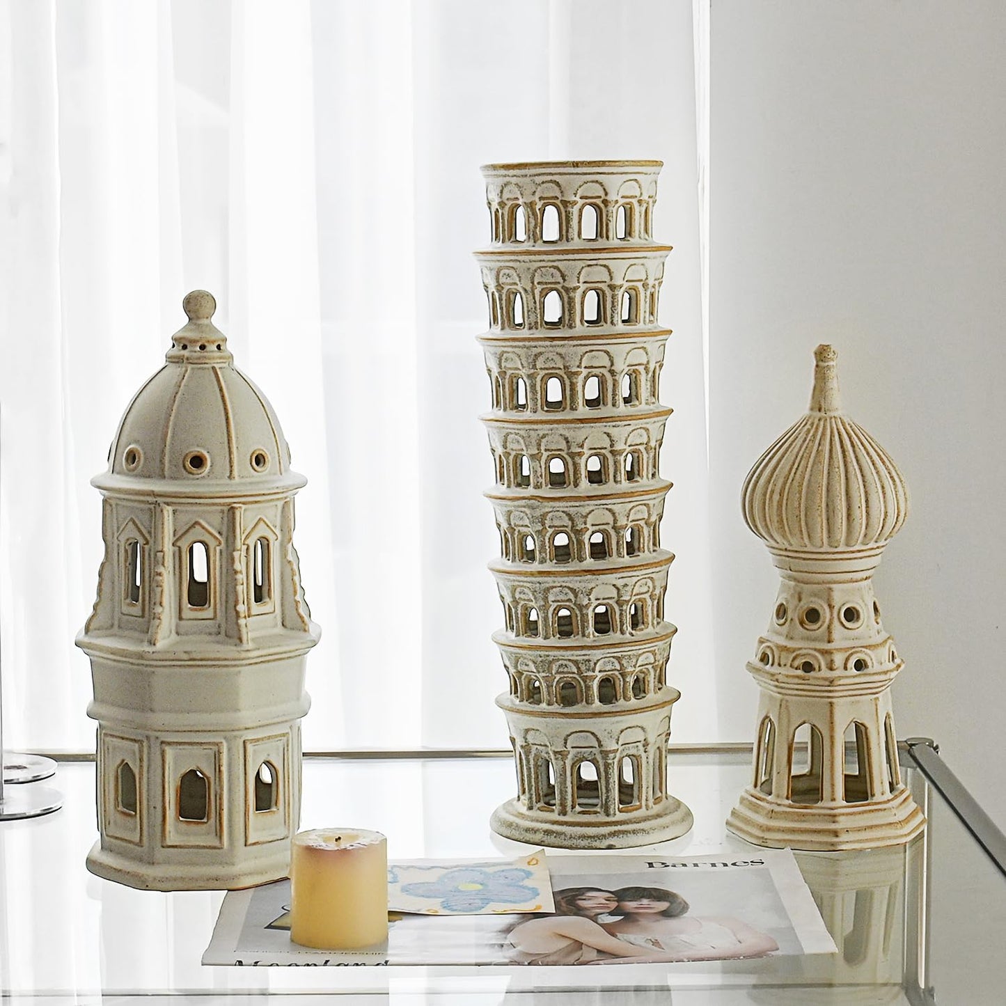 LIZOFER Ceramic Home Decoration 12.6 Inch Tall European Dome Tower for Living Room Bedroom Office Modern Farmhouse Antique Rustic Nordic Ornament Desktop Fireplace Centerpiece Decor