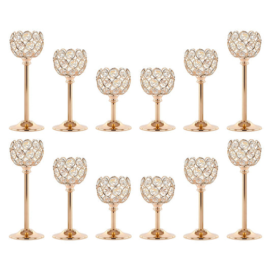 Crystal Candle Holders 4 Set of 12 - Gold Vintage Hollow Ball Candle Stand for Table Centerpiece, Crystal Metal Tealight Candlestick for Wedding, Dining Room Decor