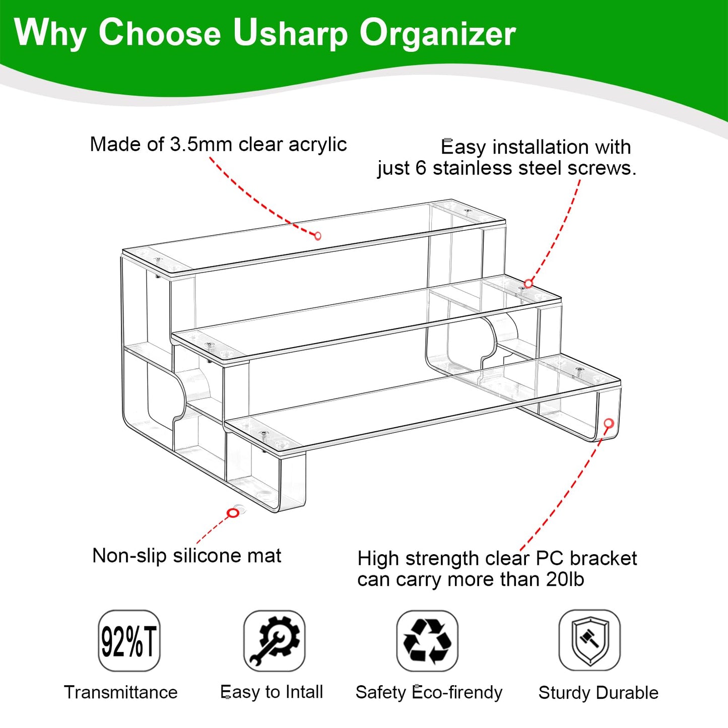 USHARP Perfume Organizer Stand,Cologne Organizer for men,3 Tier Acrylic Display Risers, Cupcake Stand Holder, Large Shelf Risers Decoration for Figures, Dessert Shelves for Party (Clear, 3 Tiers-14“)