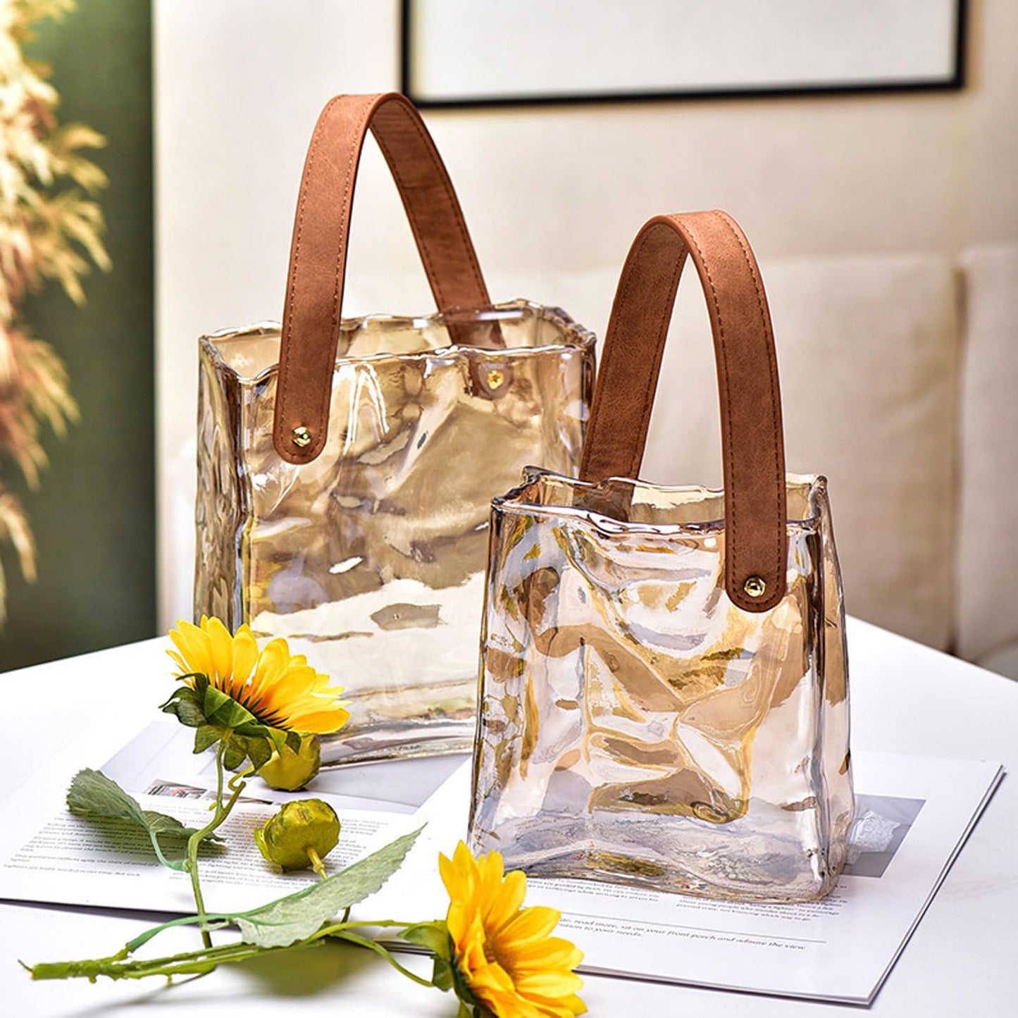 Handmade Leather - Handle Handbag - Style Glass Vase - Simple Elegance for Your Space(Amber)