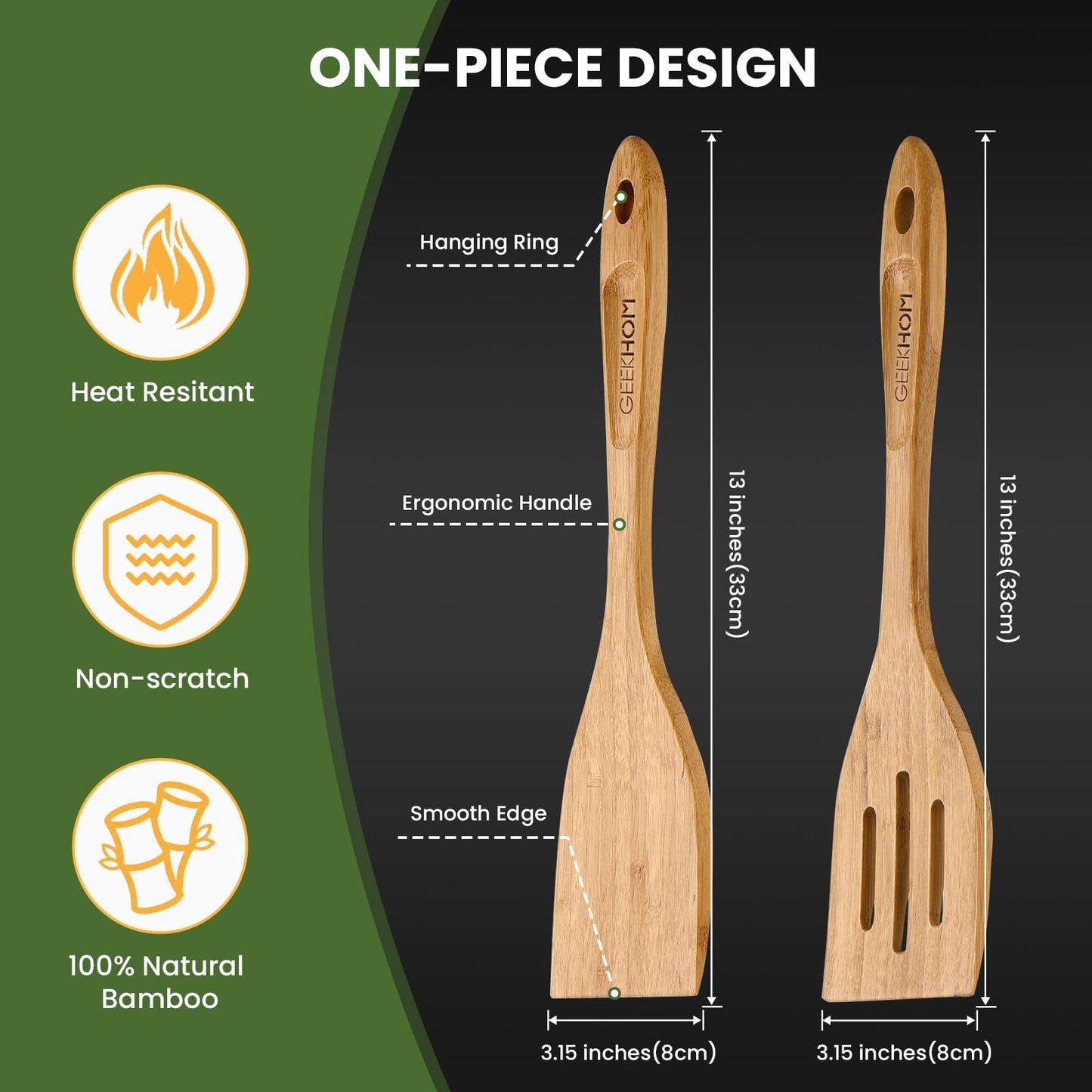 GEEKHOM Slotted Wooden Spurtle Bamboo Turners : 13 Inch Long Handle for Sourdough Starter, Mixing Reaching Jar Bottom, Nonstick Cookware 2 Pack