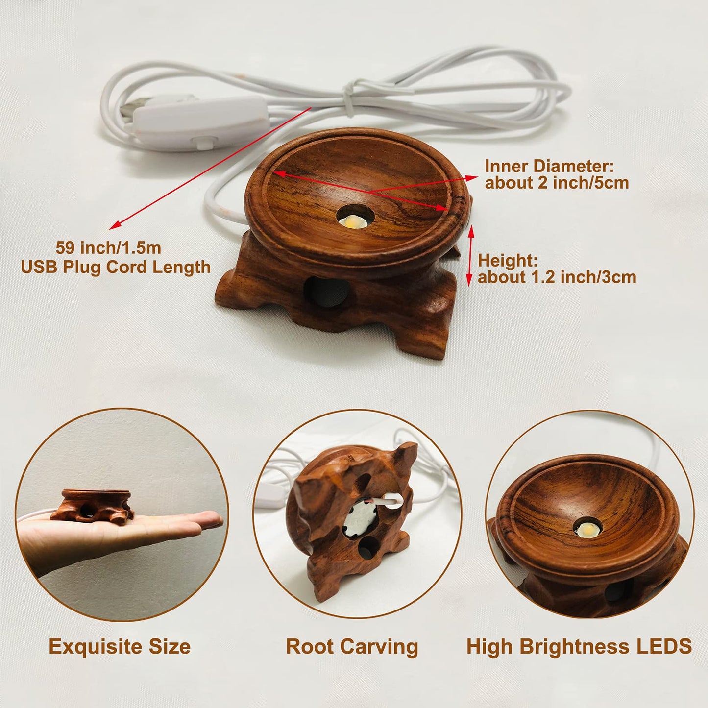 Voaesdk 2PCS Root Carving Wooden Light Display Bases,2 Inch Wood LED Lighted Stand Bases with USB Plug,Available for Resin Crafts Crystal Glass Ball Sphere Light Bulb Projects