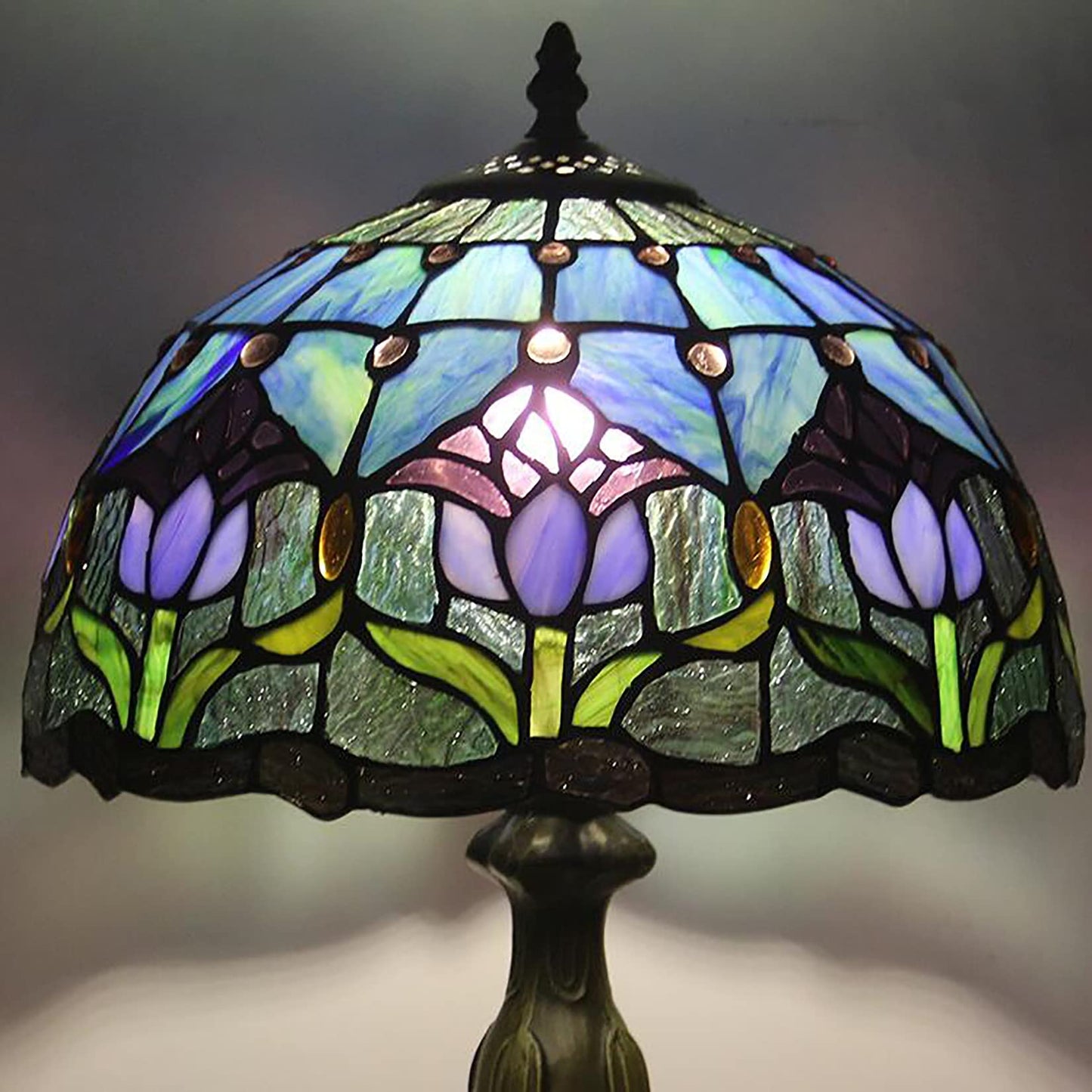 errzom Tiffany Style Table Lamp Stained Glass Lamp Shade Purple Tulip Flower Reading Desk Light 12 Inches for Bedroom Study Living Room Office