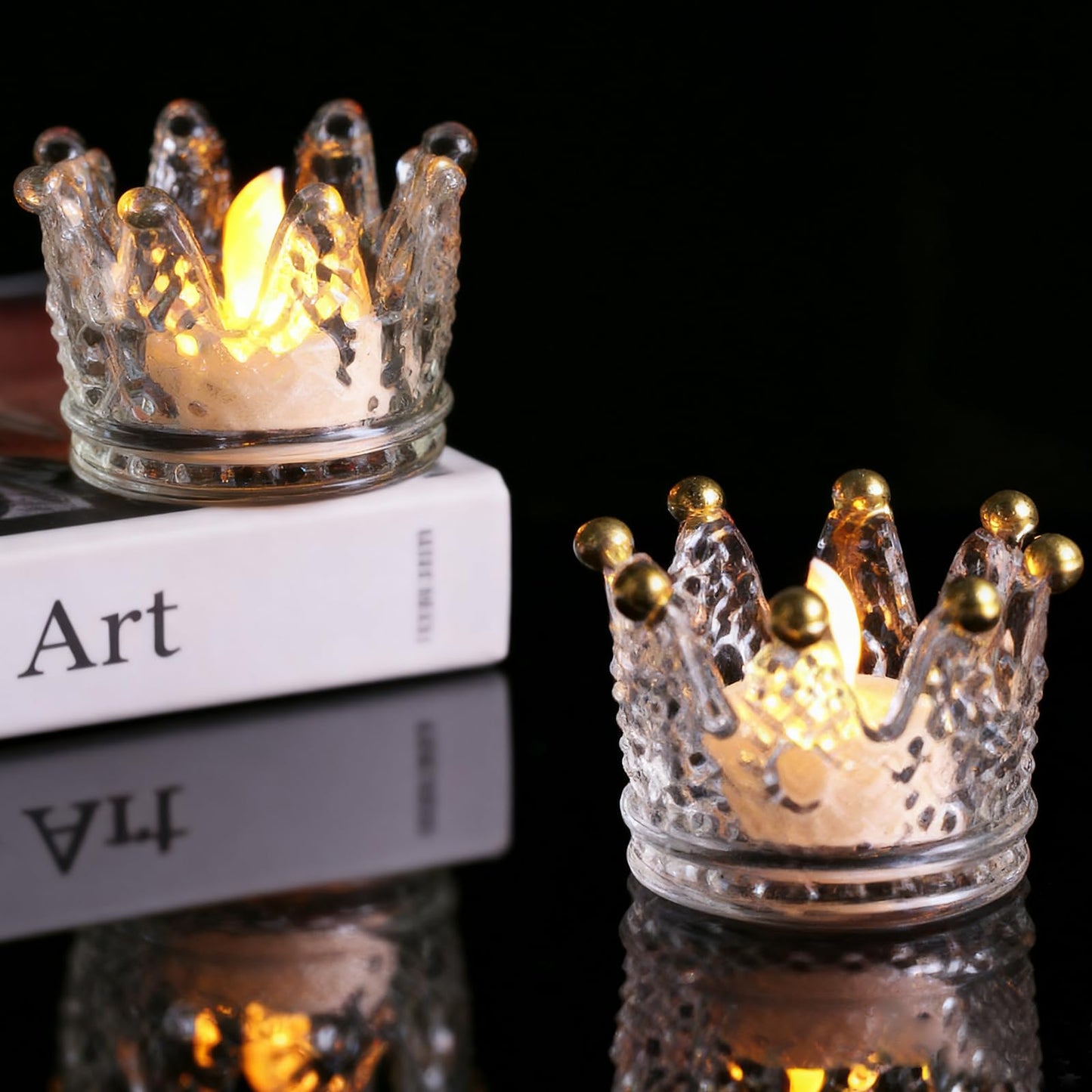 LOLYSIC 6 Pack Votive Candle Holders, Crown Glass Tealight Candle Holder for Wedding, Party, Home Decoration, Jewelry Storage Tray