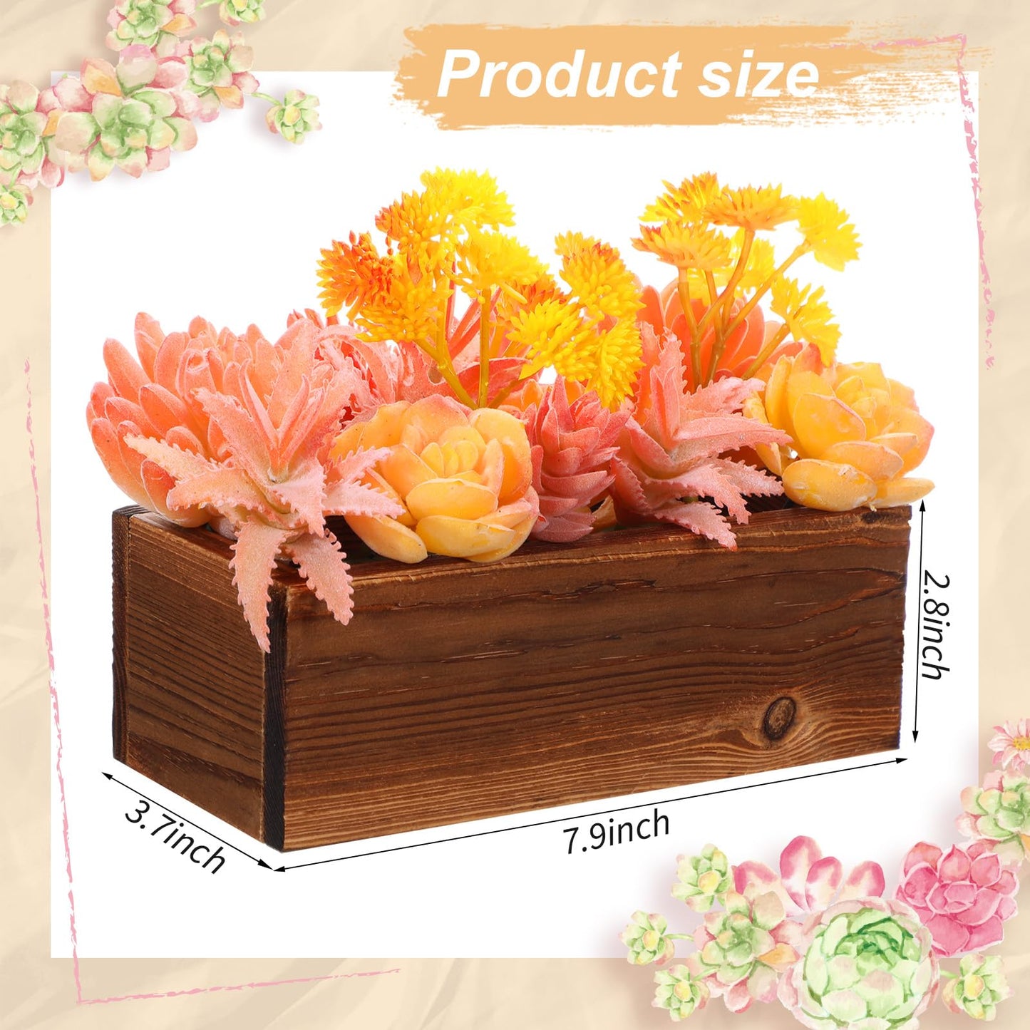 Solsew Assorted Artificial Succulent Arrangement Plants in Rustic Burnt Wood Rectangular Planter Box Faux Succulent Centerpiece for Table Home Garden Windowsill Greenery Decor(Yellow,Spark Style)