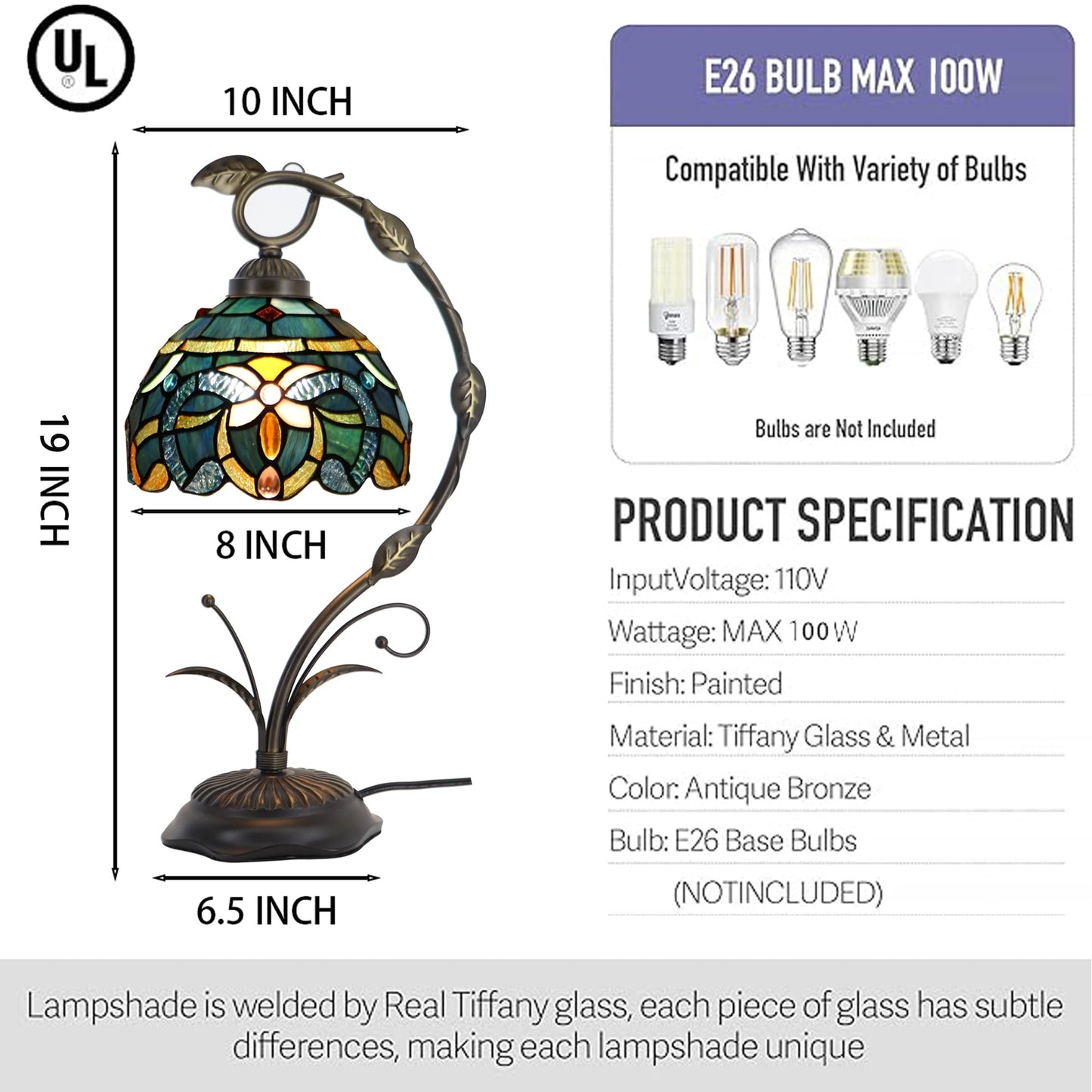 LXHCYOU Tiffany Table Lamp, Stained Glass Desk Reading Light, 8X10X19 Inches, Metal Leaf Base (Blue Baroque Style)
