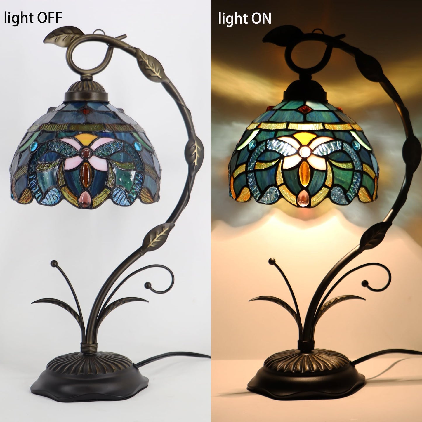 LXHCYOU Tiffany Table Lamp, Stained Glass Desk Reading Light, 8X10X19 Inches, Metal Leaf Base (Blue Baroque Style)