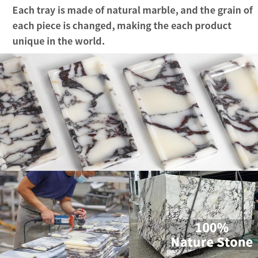 Small Marble Bathroom Tray, Real Marble Vanity Tray, Natural Stone Organizer for Countertop, Mini Marble Organizer for Jewelry Perfume Towel, Non-Resin Non-Ceramic (Calacatta Viola 7.9″ x 3.9″ x 0.7″)