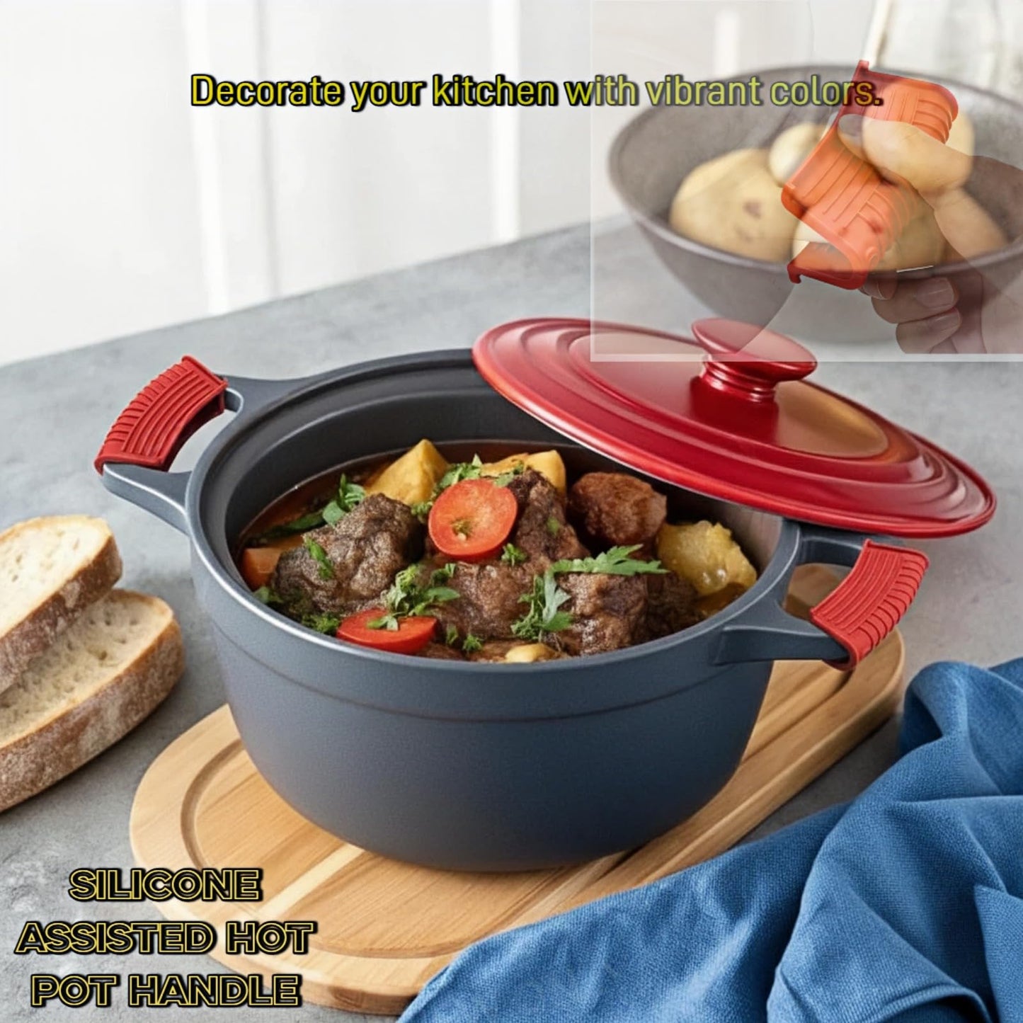 Geettcaifu 4 Pcs Silicone Assist Hot Pan Handle Holder, Hot Skillet Handle Covers, Pot Holder Sleeve, Non-Slip Heat Resistant Pan Grip Cover for Cast Iron Woks Frying Pans Griddles Casserole - Red