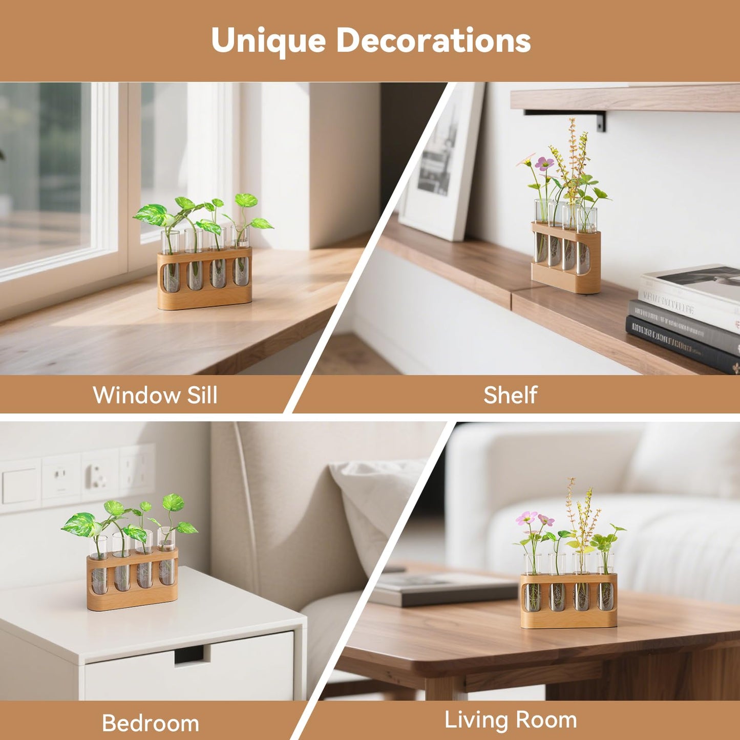 GIUNN Plant Propagation Station with 9-Speed Adjustable LED Lights, Wooden Stand, 4 Glass Test Tubes for Hydroponic Plants, Unique Gift for Plant Lovers
