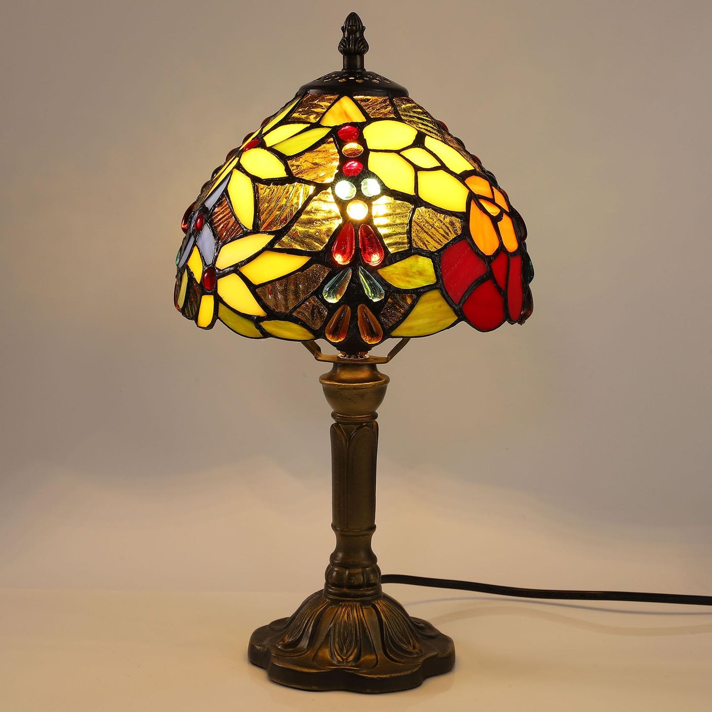 tuomoxte Tiffany Small Table Lamp for Bedroom Set of 2,Bedside Nightstand Lamp Rose Flower Grape Stained Glass Table Lamps for Living Room,3 Color Temperature Home Office Desk Lamp+LED Bulb