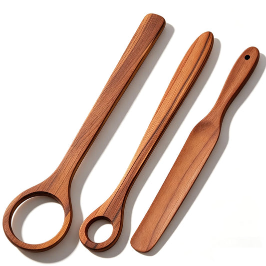 SiliFine 3 Pcs Danish Dough Whisk Set, Natural Teak Wood, Includes 2 Danish Dough Whisks and 1 Skinny Spurtle for Sourdough Starter Bread, Kitchen Baking Kit for Mixing Sourdough, Egg, and Flour