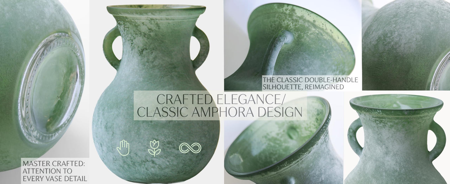 ZHIPINHUI 7.9in Green Glass Vintage Vase, Art Deco Double Eared Antique Marble Texture Vase