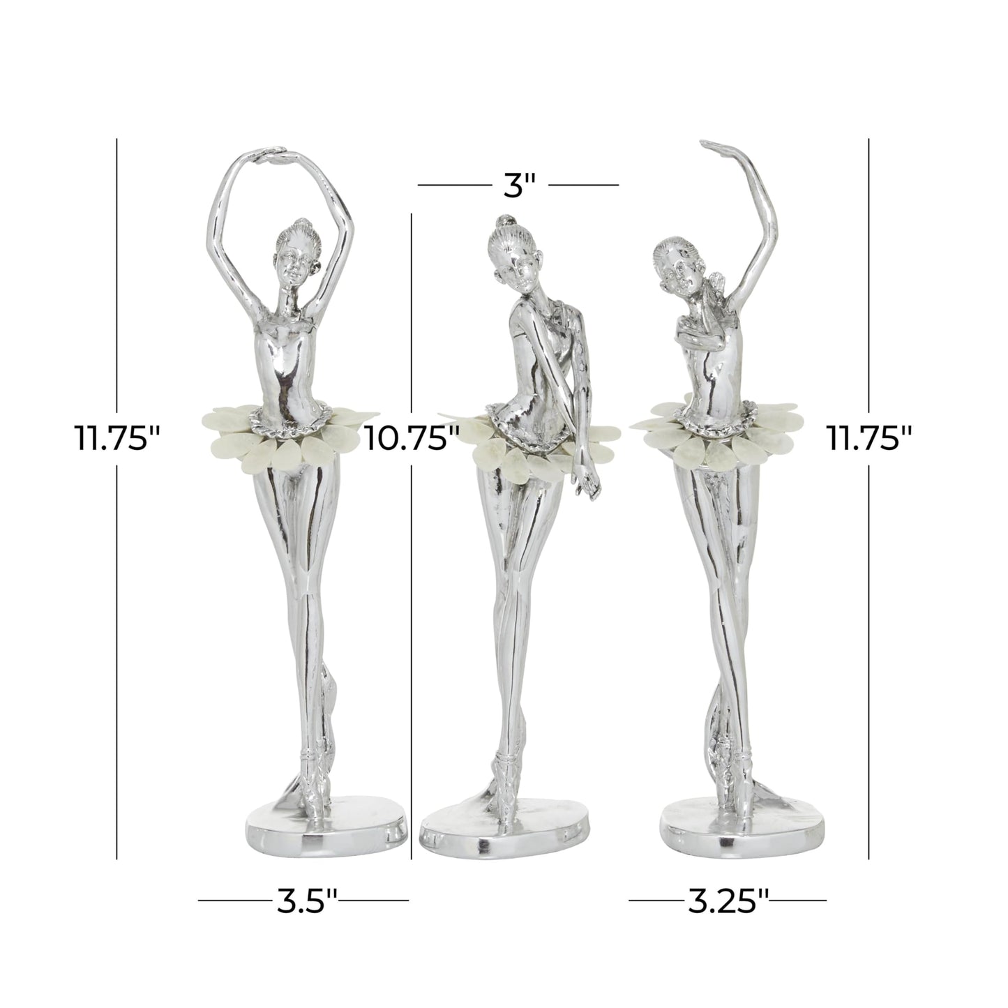 Deco 79 Polystone Dancer Decorative Sculpture Home Decor Statues with Capiz Inlay, Set of 3 Accent Figurines 12", 12", 11"H, Silver