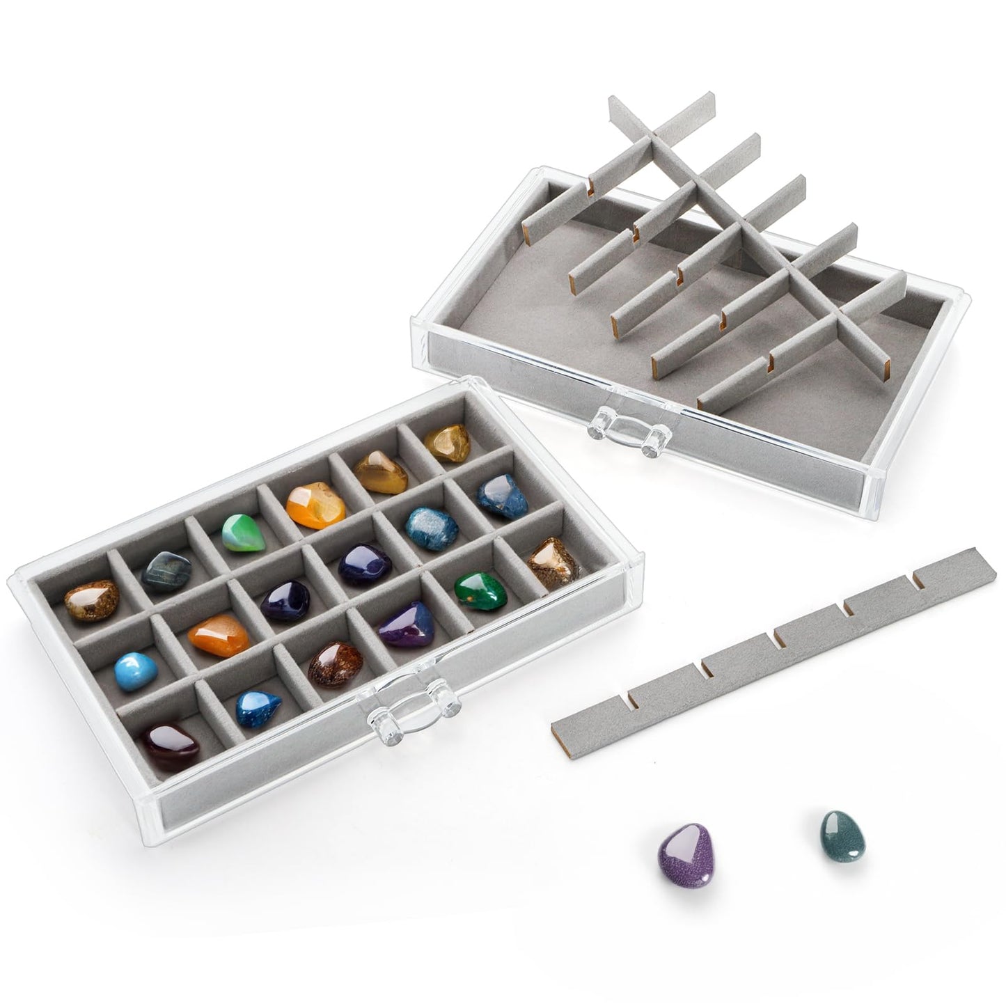 Jucoan Clear Acrylic Rock Display Case, 5 Layer 90 Grids Rock Collection Case with Adjustable Velvet Insert, Mineral Gemstone Storage Organizer Box for Kids Crystals, Rocks Collection