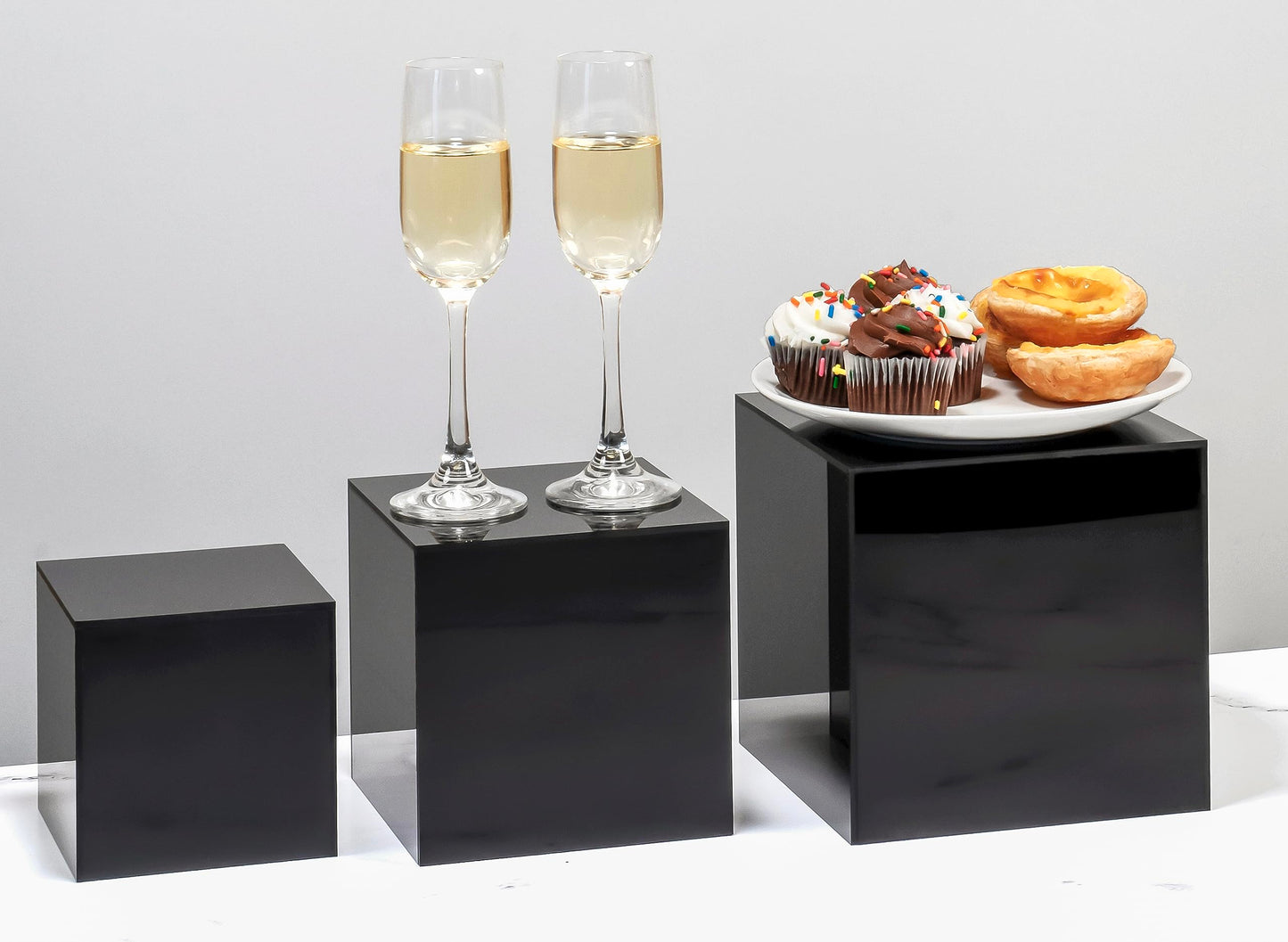 Red Co. Set of 3 Glossy Black Acrylic Cube Display Nesting Riser Stands with Hollow Bottoms - 2-Pack