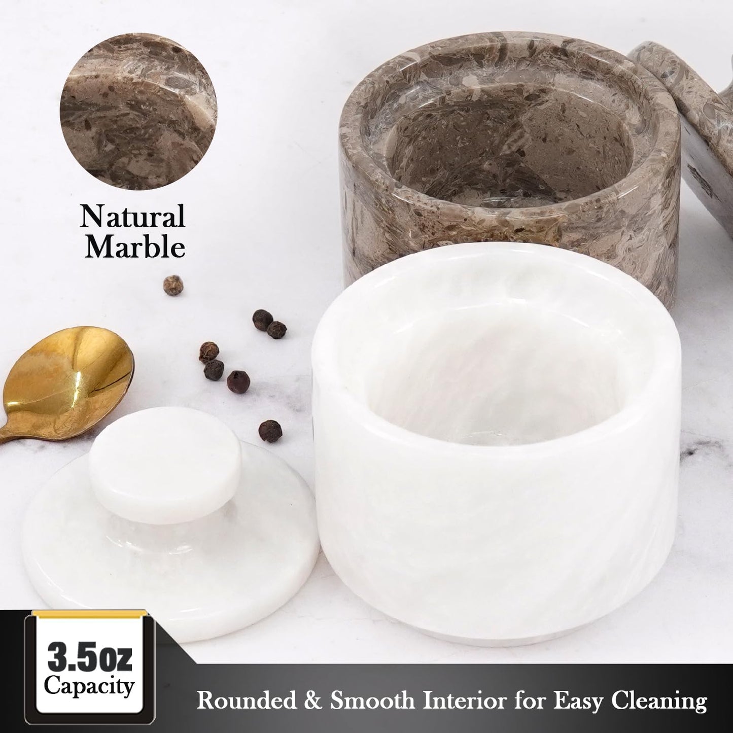 MARBLOUS KRAFTS Marble Salt Cellar with Lid 3" White and Oceanic Celtic Salt & Pepper Containers, Perfect for Home & Kitchen Countertop, Salt Dish & Sugar Bowls for Table Decor, Gift for Mom