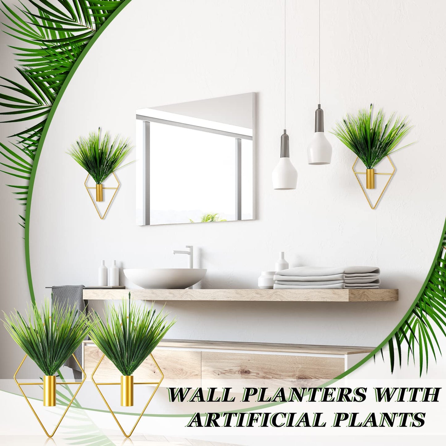 Canlierr 2 Pieces Gold Wall Decor Hanging Planters with Artificial Plants Metal Vase Indoor Plants Holder Modern Geometric Wall Art for Home Bathroom Bedroom Living Room Office(Aquatic Plant,Small)