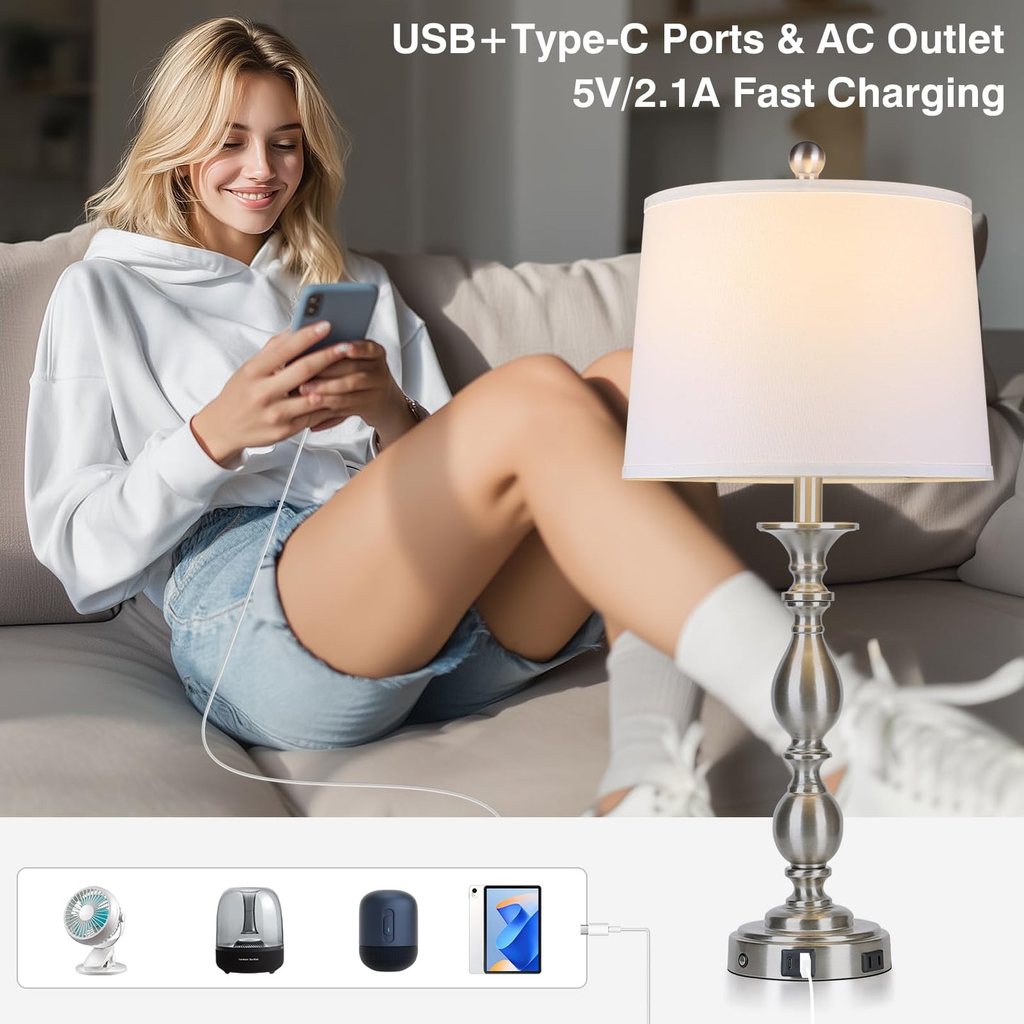 MOUVOVO 28" Tall Modern Table Lamps Set of 2 with USB A+C Ports and AC Outlet, 3 Way Touch Metal Bedside Lamps for Bedroom, Silver Farmhouse Nightstand Lamps for Living Room
