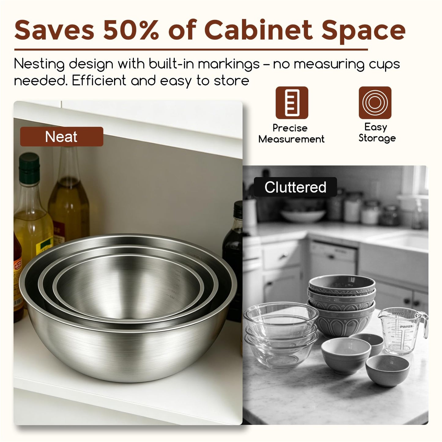 Gronivex 304 Stainless Steel Mixing Bowls, 3-Piece (1.5, 2.2 & 3.4 Qt)
