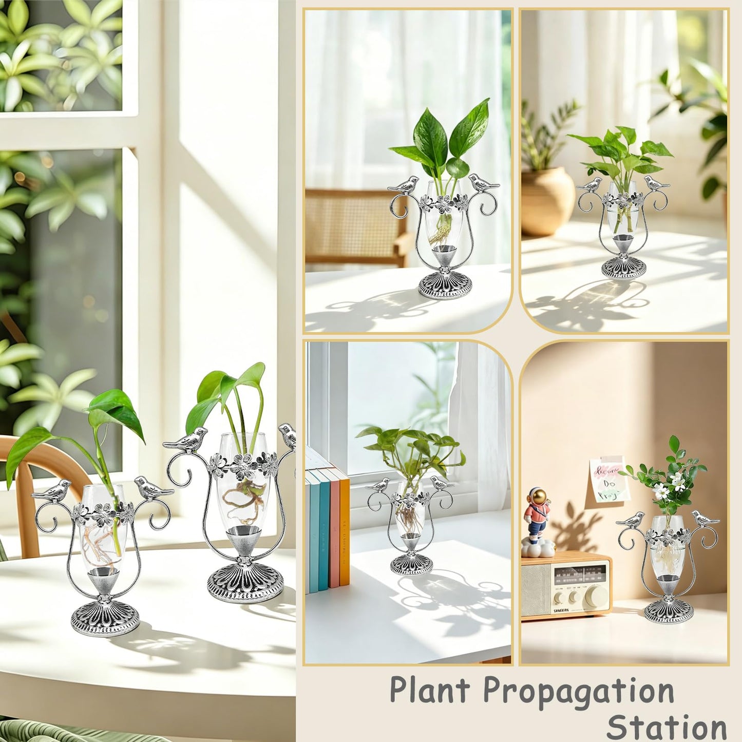 POXOHO Vintage Plant Propagation Station, Hummingbird Metal Glass Plant Terrarium Stand, Office Desk Room Unique Flower Vase, Plant Lovers Gift Ideas for Women, Men (Silver)