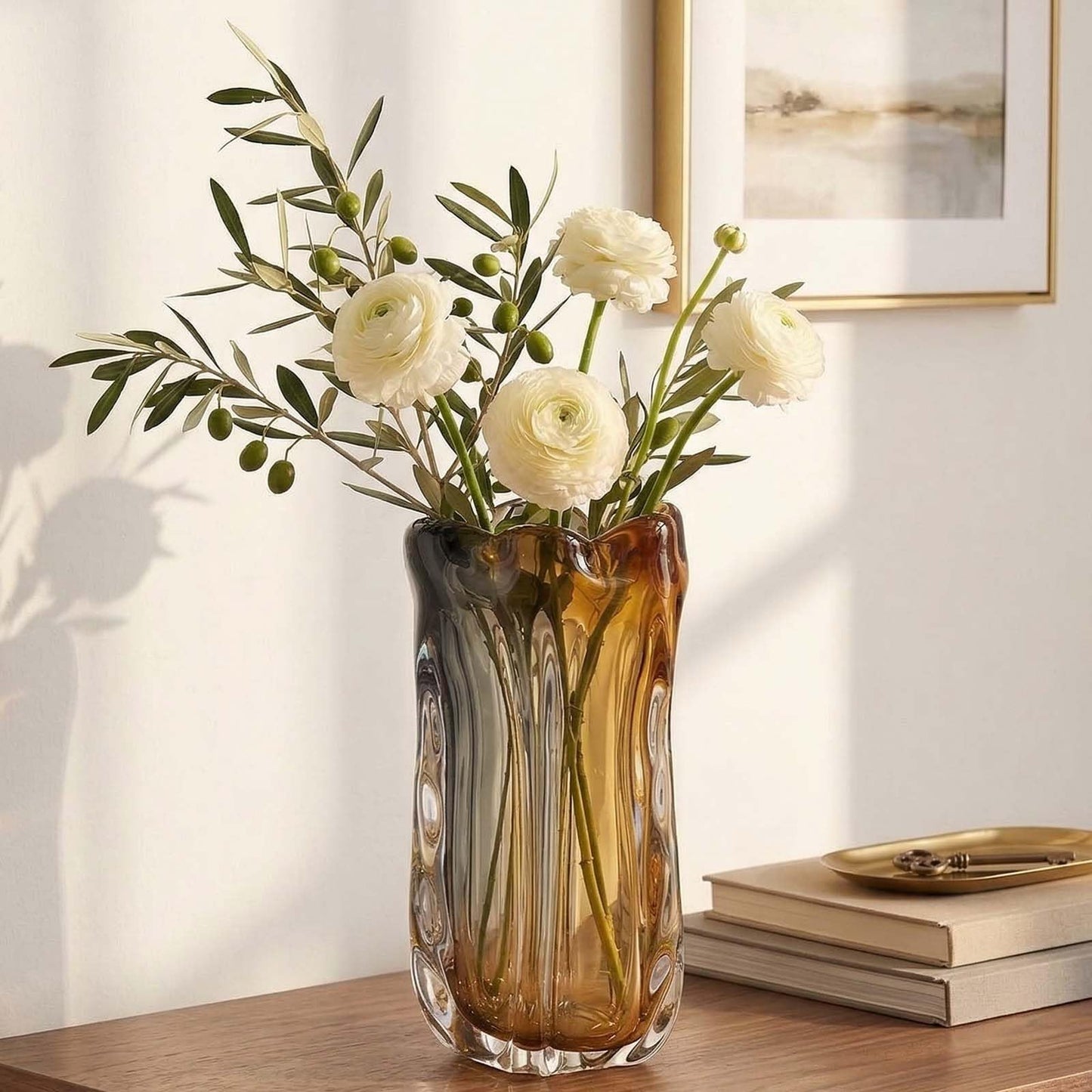 Amber Wide Mouth Vase for Flowers, Decorative Vases for Home Decor, Hand-Blown Murano Art Glass, Modern Art Deco Cut Glass,High-End Unique Designer Centerpiece,Living Room Table Shelf, Plants(Amber,M)