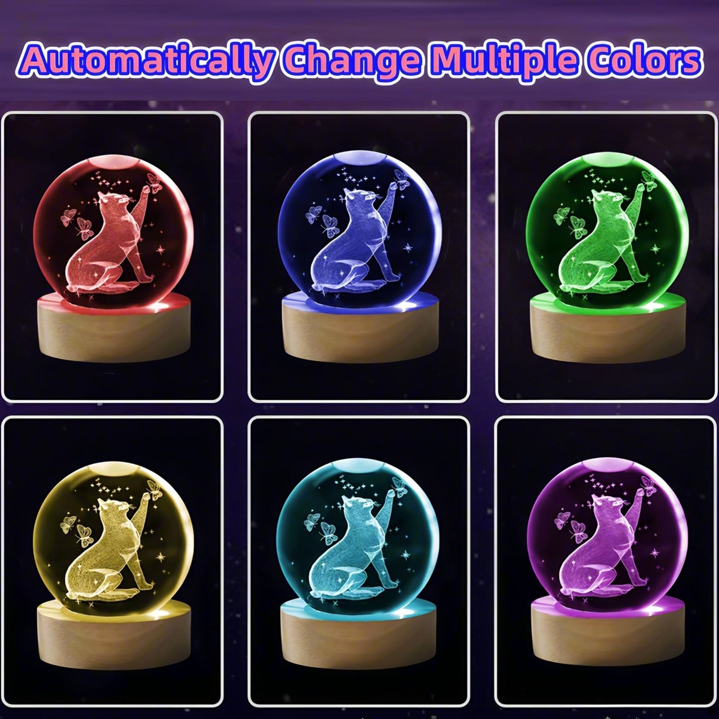 HAKSEIFA 3D Cat Crystal Ball Themed Gifts for Mom Wife Girlfriend Couple Her Cat Lover Gift for Women Birthday Christmas Decorative Glass Ball Decor Night Lamp