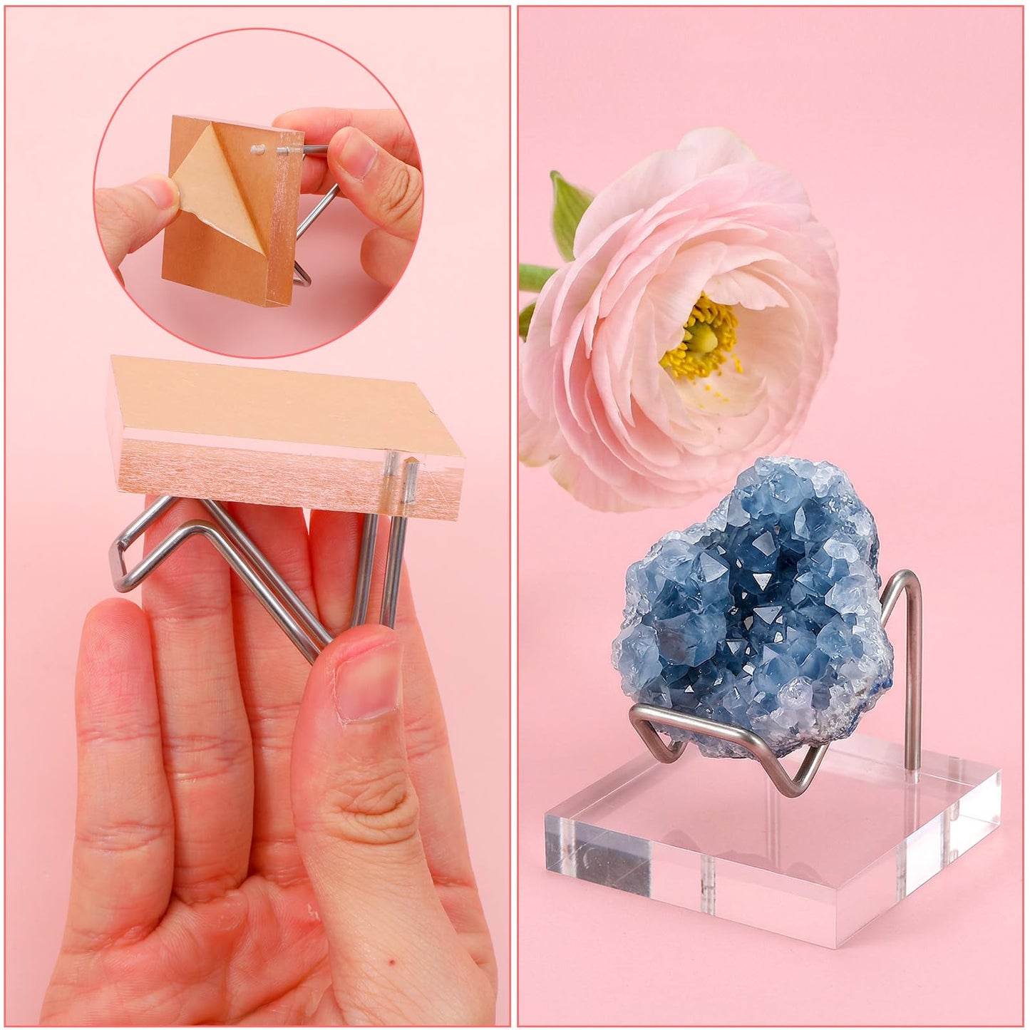 Kegeeei 8 Pcs Crystal Display Stands, 2x2 Inch Acrylic and Metal Rock Display Holder, Clear Base with Silver Arms for Minerals, Geodes, Fossils, Agate, Coral, and Collectibles