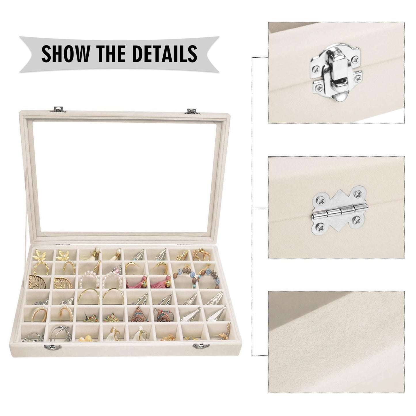 Siveit Velvet Jewelry Tray 48 Grid Jewelry Display Tray Organizer Box with Transparent Lid Rings Earrings Necklaces Pendants Display Box Suitable for Women and Girls (Beige)