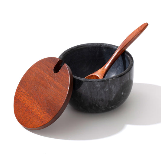 NHKRTE Marble Salt Cellar with Lid & Spoon, 11oz Salt and Pepper bowls, Handcrafted from Natural Marble, Smooth Inside (black bowl)