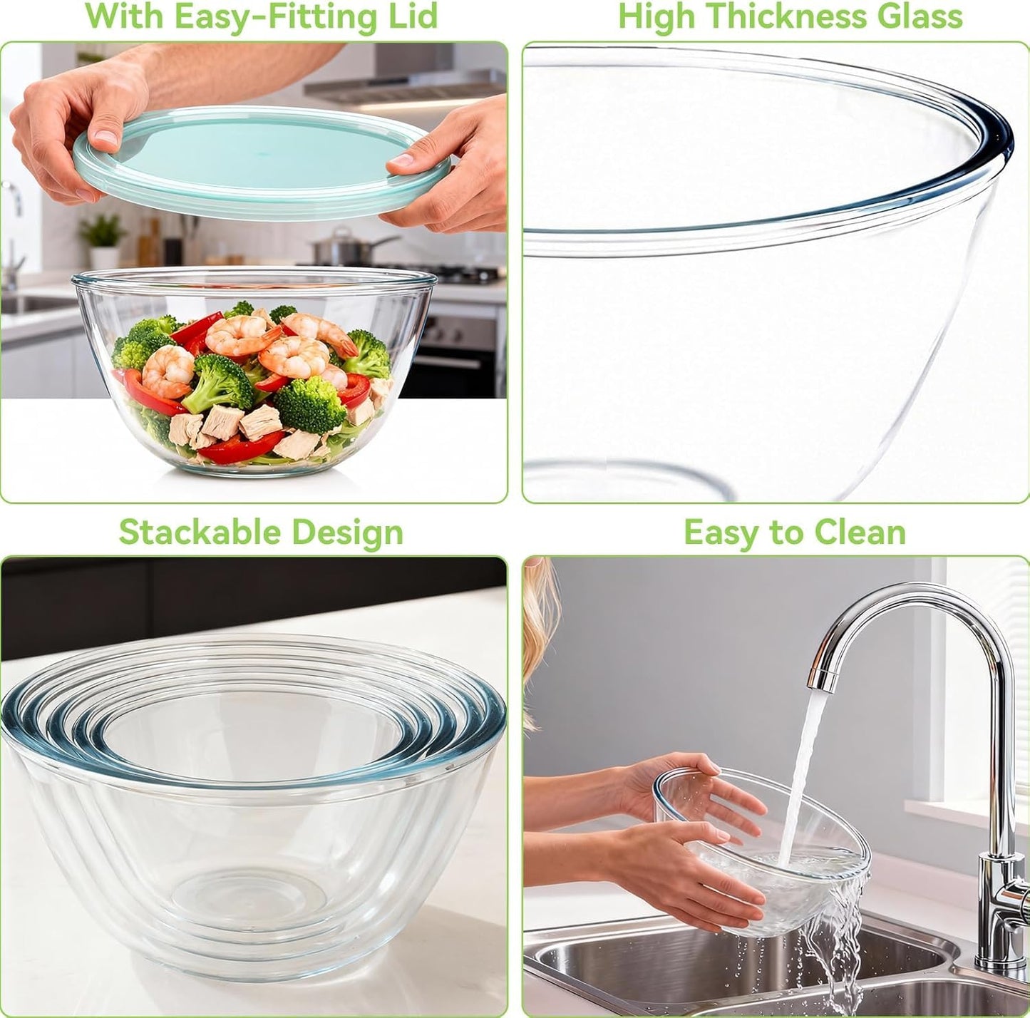 YUANYE 4 Pack Glass Mixing Bowls with Lids Set (3QT/1.7/0.9/0.6QT),Thick Glass Large Salad Bowl Set, Nesting Kitchen Bowls for Serving, Prepping, Cooking and Baking, Dishwasher, Oven,Microwave Safe
