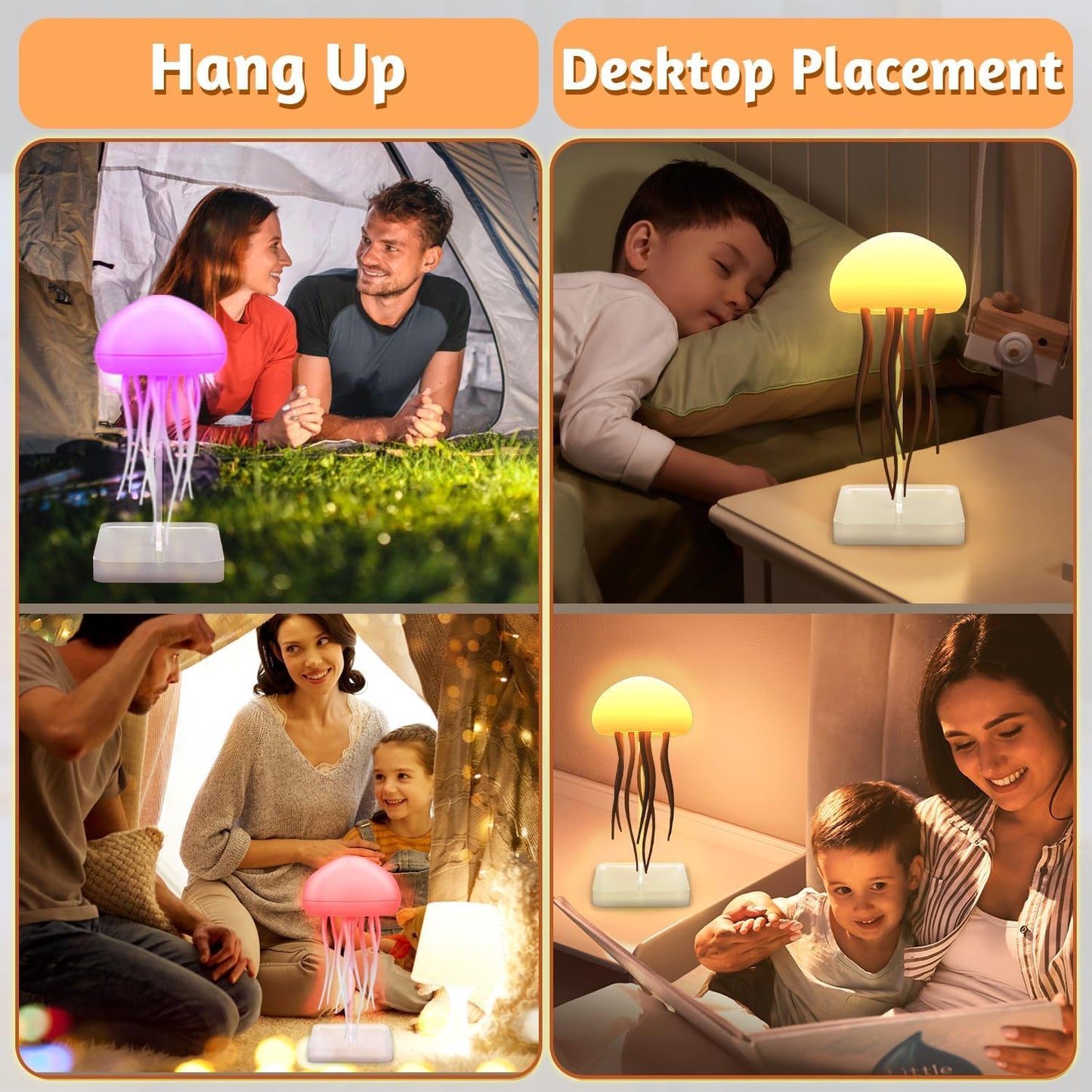 LED Jellyfish Lamp RGB Gradient Jelly Fish Light with Dancing Legs and Touch Sensor Rechargeable Cute Desk Lamp for Bedrooms, Living Room (Hanging + Base)