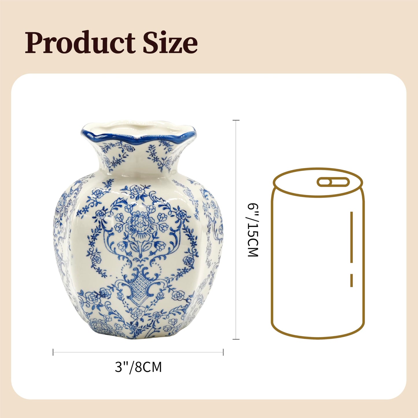 SEICASAYA 6-inch Height Vintage Blue Ceramic Flower Vessel – Elegant Hand-Painted Floral Design, Durable Ceramic Construction， (Crabapple Blossom)