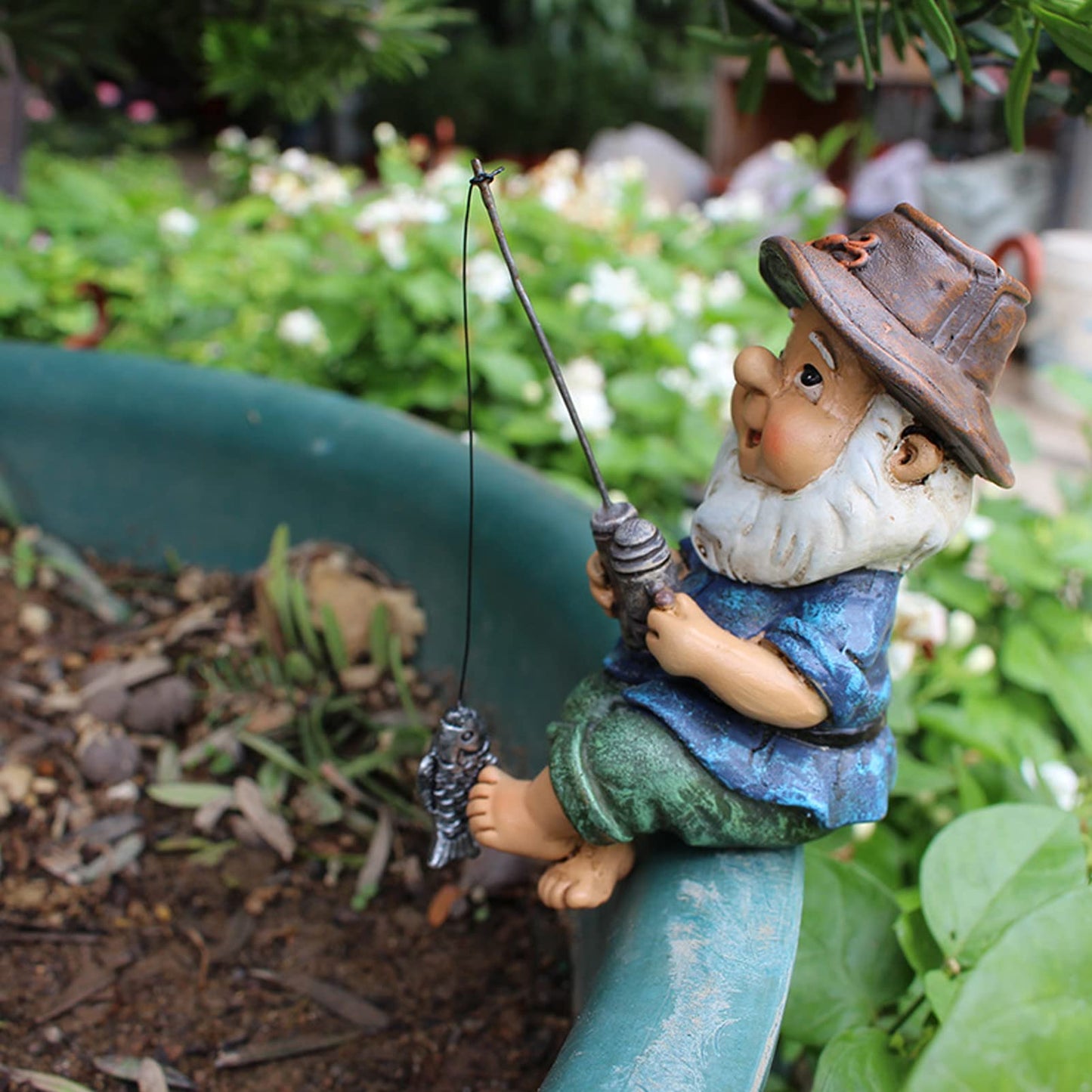 LiebeWH Fishing Gnome Sitter Garden Statue Resin Lawn Decor for Outdoor Decoration Shelf Pond and Waterfalls Ornament Dwarf Sculpture