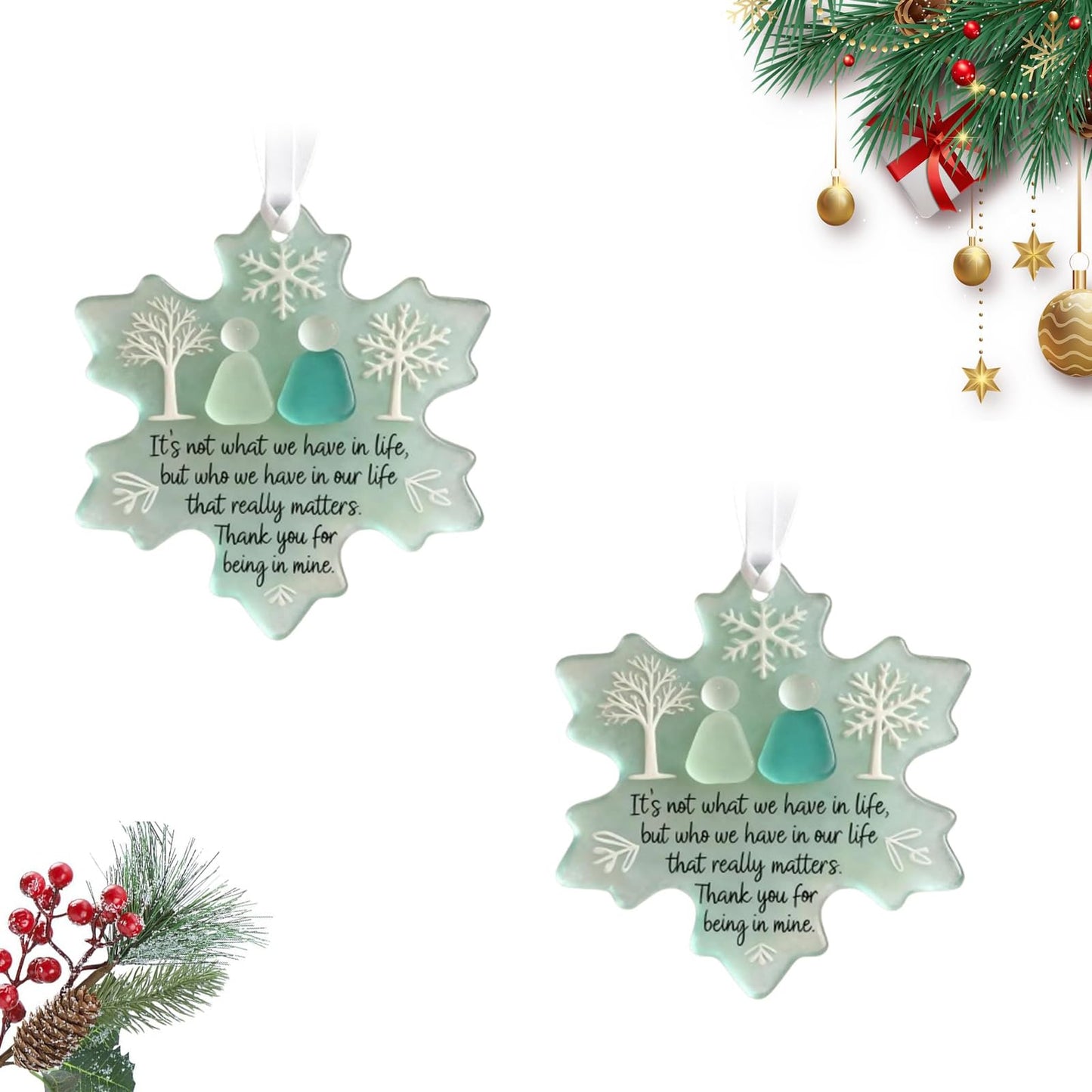 Friendship Snowflake Keepsake Ornament, Sea Glass Friendship Decor, Christmas Tree Seaglass Heart-Shaped Hanging Decorations for Best Friends, Friendsgiving Gifts for Bestie(2pcs A)