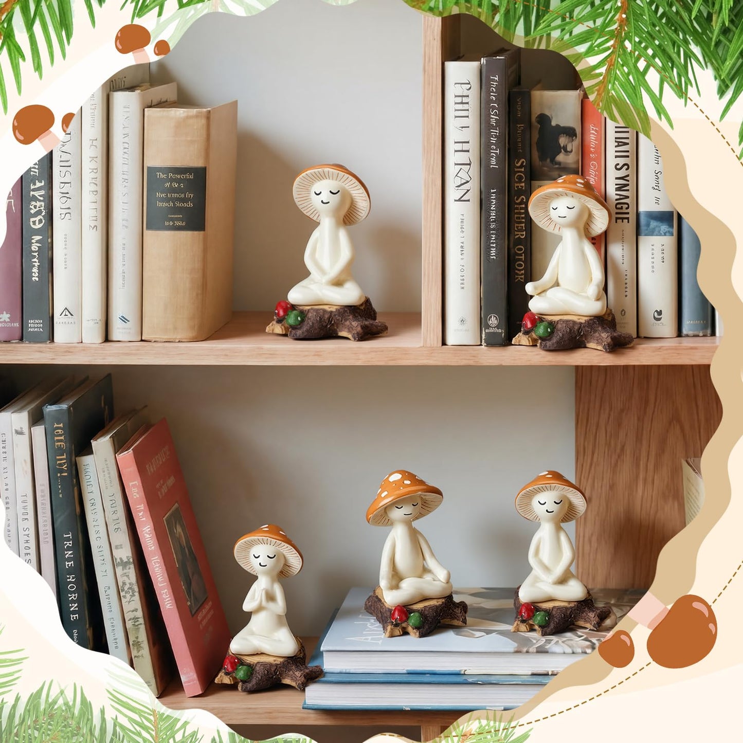 Fiwochic 3 Pcs Meditation Mushroom Statue Resin Yoga Mushroom Figurine with Stump Base Cute Spring Meditation Tabletop Plant Statues Decor for Desk Living Room Patio Home Office Garden Backyard