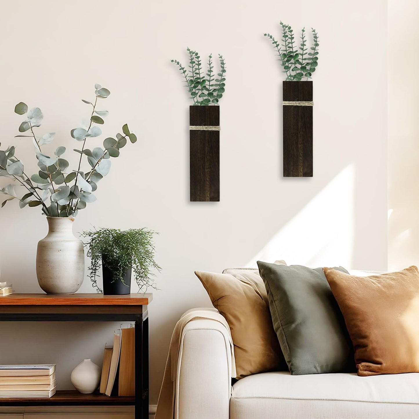 TYLCC Wall Planters for Indoor Plants Set of 2, Rustic Boho Wood Wall Vases for Dried Flowers & Artificial Plants, Modern Farmhouse Home Decor for Living Room Bedroom Kitchen Dining Room - Dark Brown