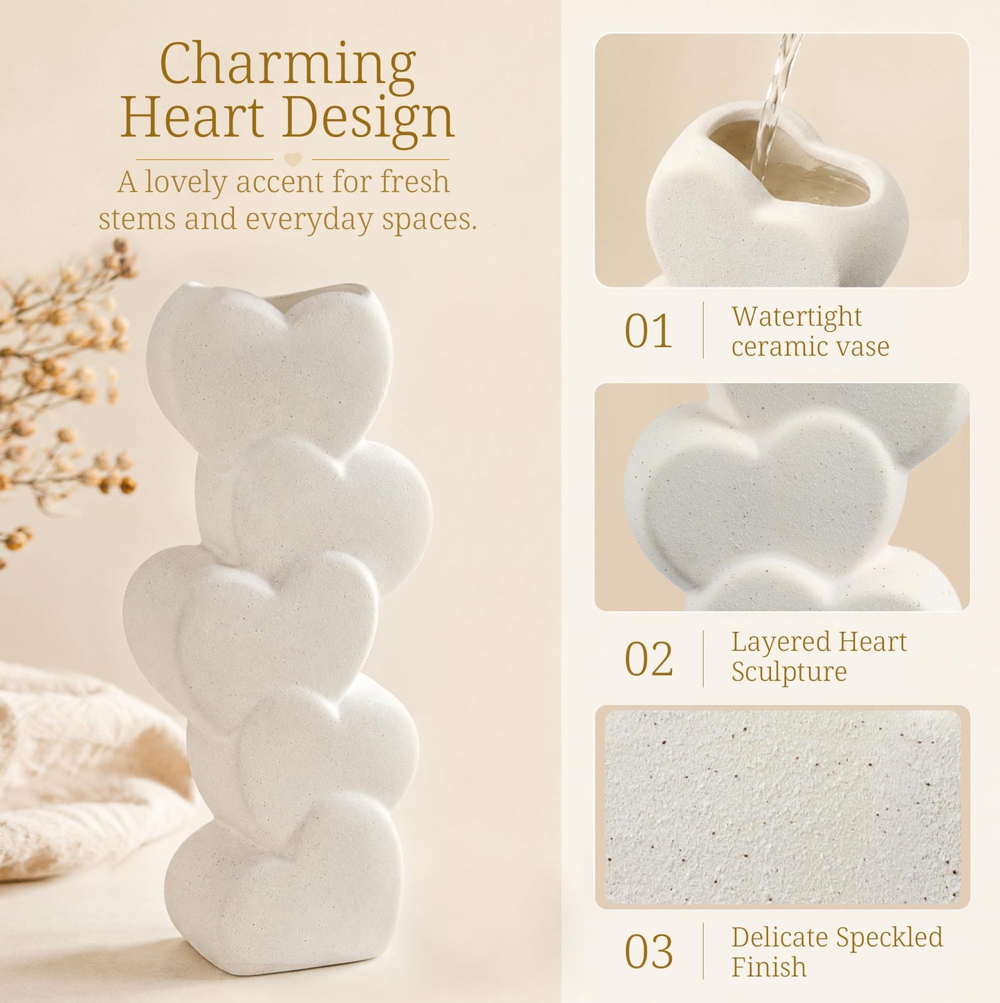 White Ceramic Flower Vases Table Decor Heart Shaped Vase Centerpiece