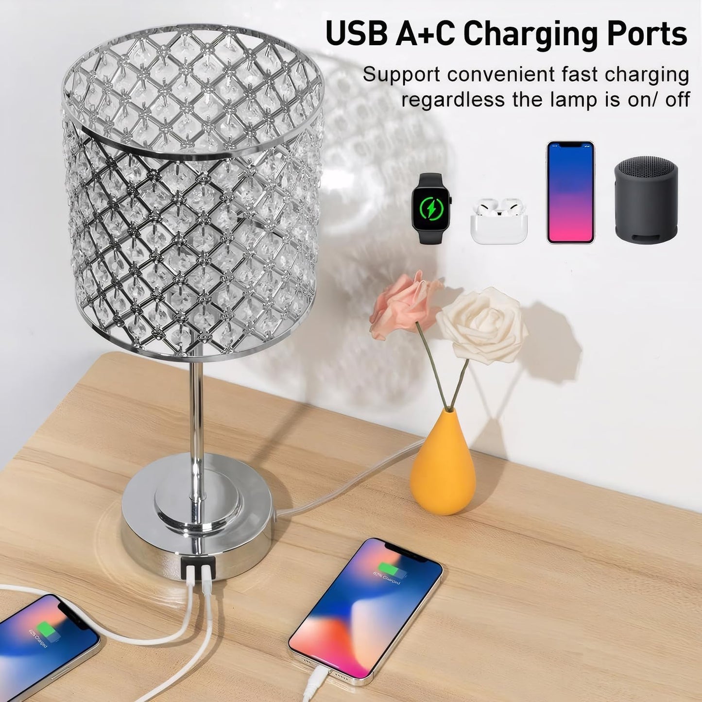 GyroVu Crystal Table Lamp for Bedroom Living Room, Touch Control Bedside Lamp with USB C+A Ports - Dimmable Nightstand Lamp Modern Light, Bulb Included