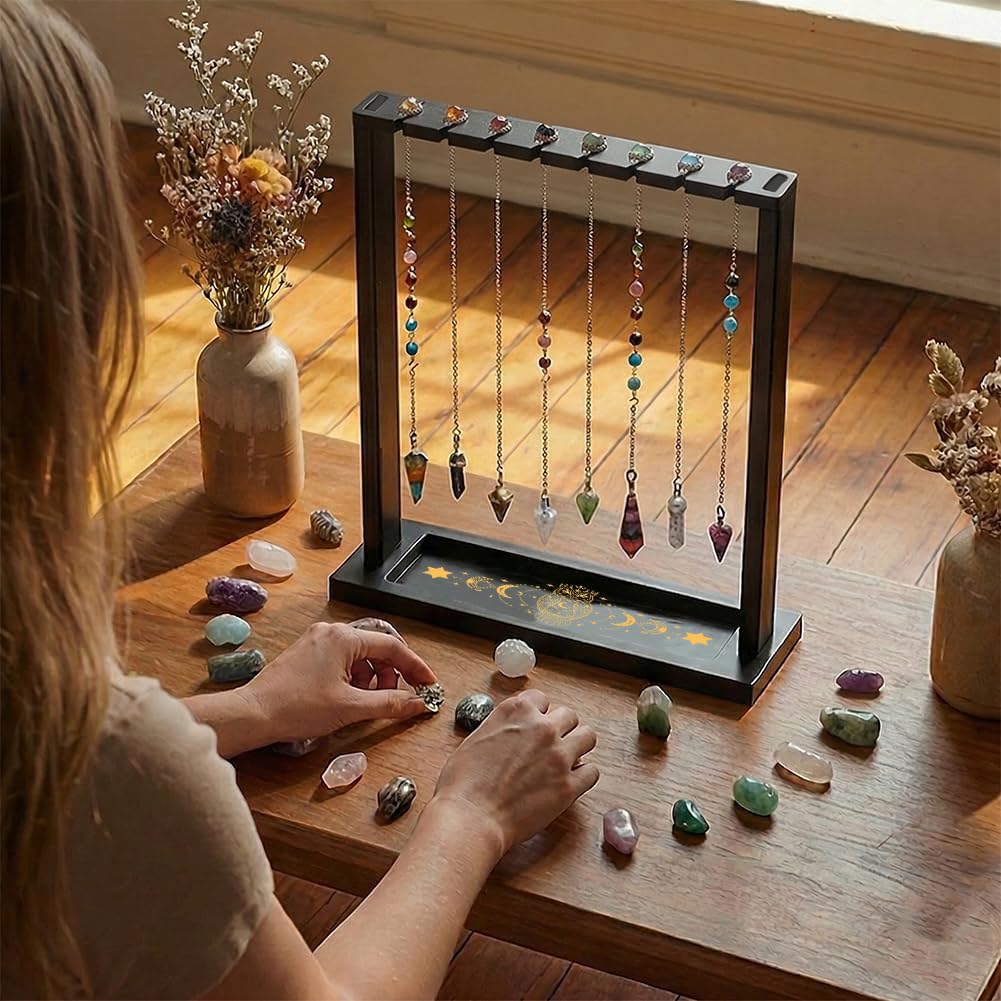 BEUNITONE Pendulum Crystal Holder, Owl Design Wooden Crystal & Jewelry Display Stand Divination Pendulum Storage Rack Tabletop Organiser for Stones, Necklaces and Home Decor